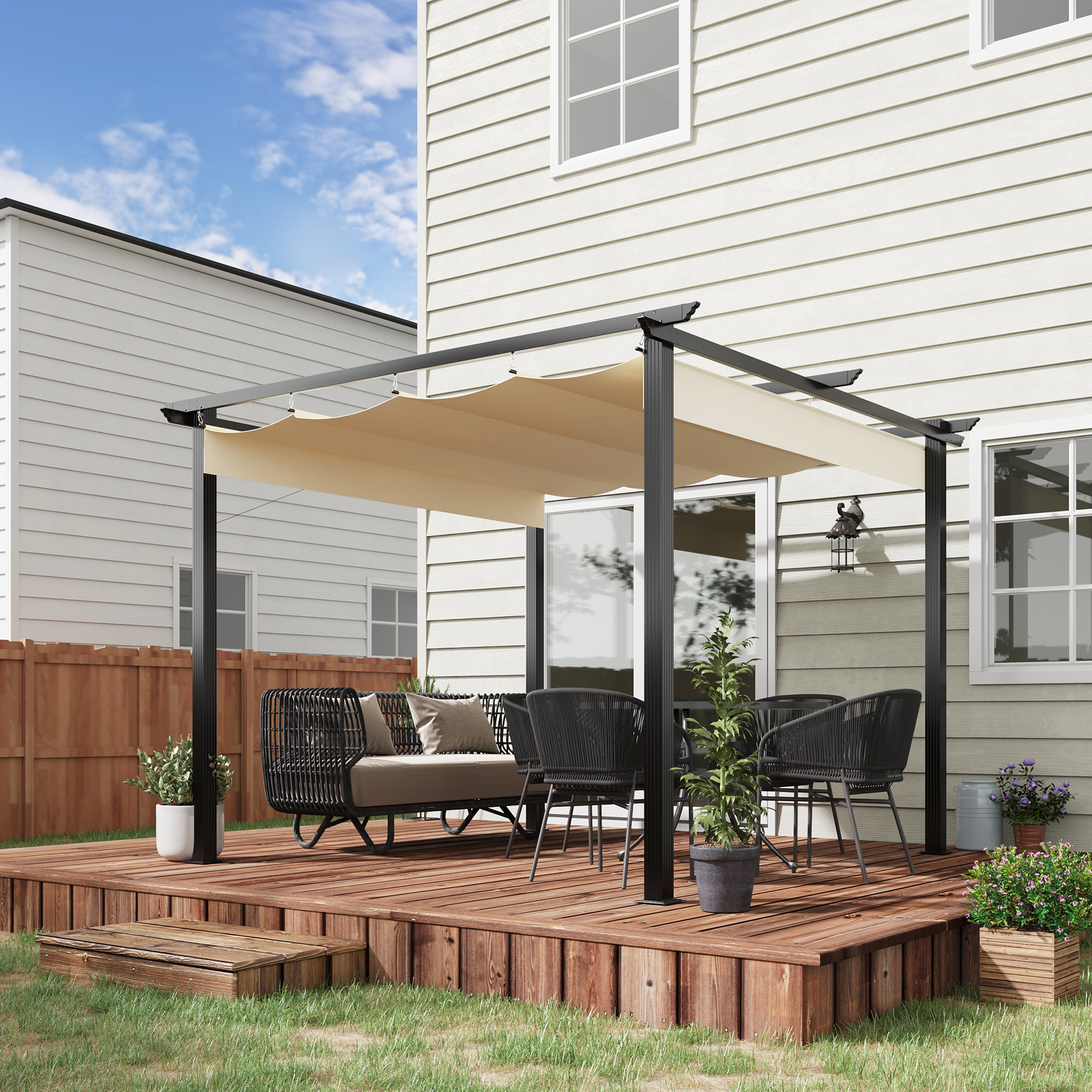Gazebo Pergola Outsunny 3x3m - Tenda Retrattile, Alluminio, Bianco Crema - Foto 7