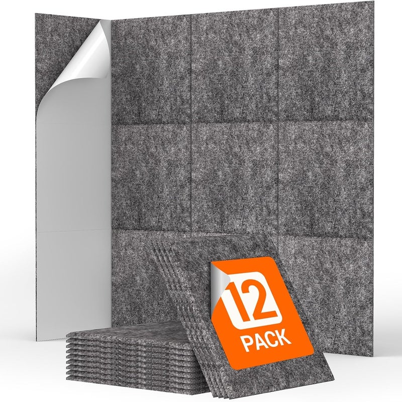 Panele akustyczne ścienne, samoprzylepne panele akustyczne do biur, sypialni, salonów, ciemnoszare, 12 sztuk, 30 x 30 x 0,9 cm