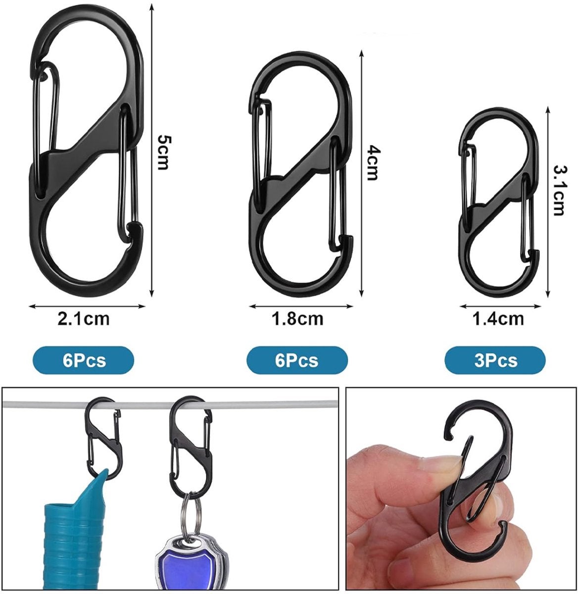 Lot de 15 mousquetons porte-clés à double ouverture - 3 tailles - Mousqueton en S - Pour l'extérieur, le camping, la maison et la randonnée - 2