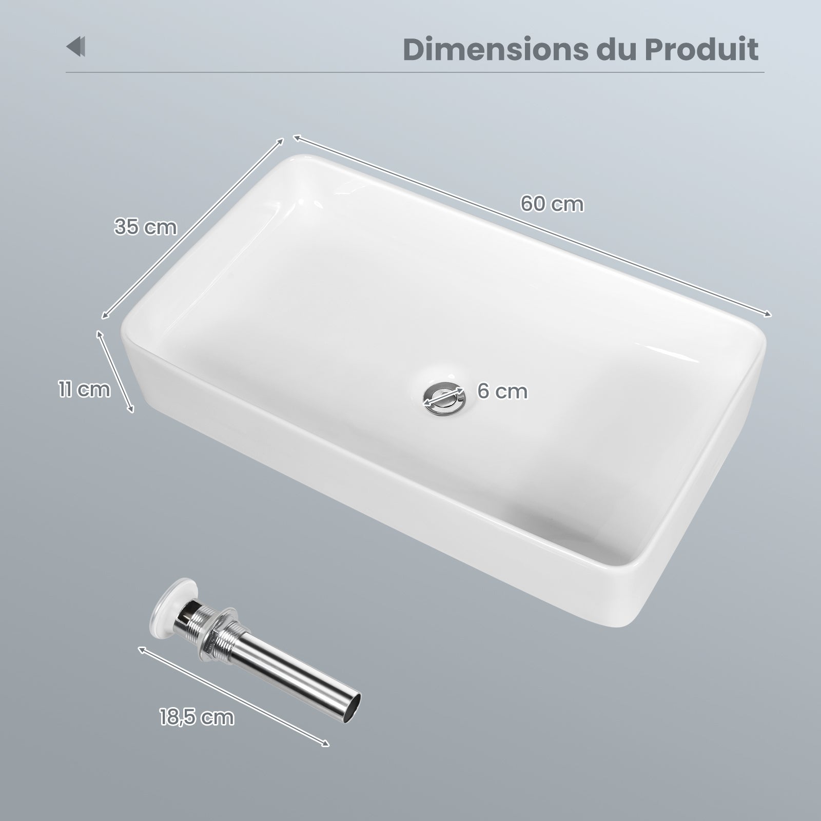 Lavabo Vasque en Céramique Rectangulaire avec Vidange Pop-up, Vasque à Poser Blanc 60 x 35 x 11 CM Style Moderne pour Salle de Bain - 5