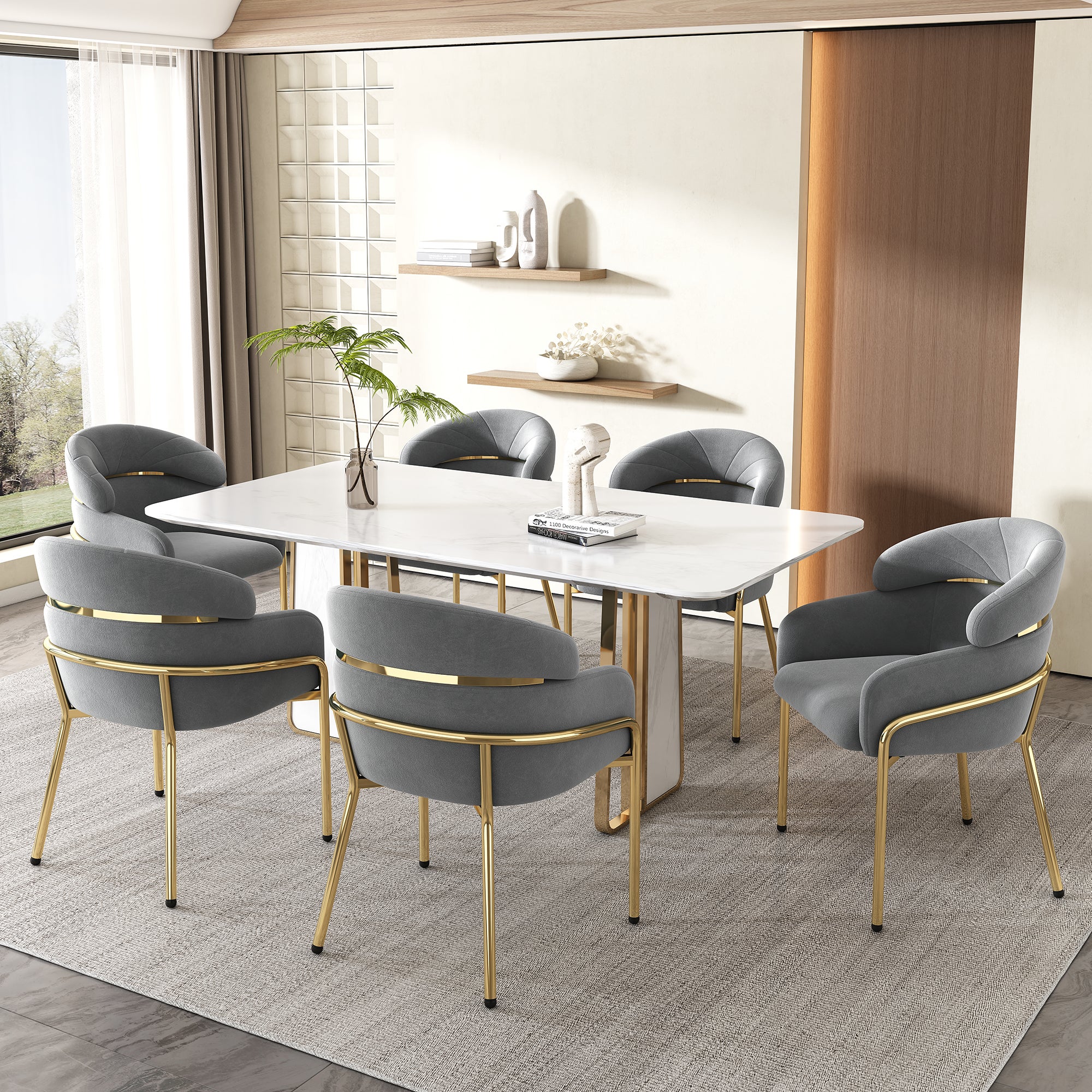 Komplet 6 krzeseł do jadalni z podłokietnikami - 53 x 45 x 79 cm - Aksamit i złote metalowe nogi - Szary