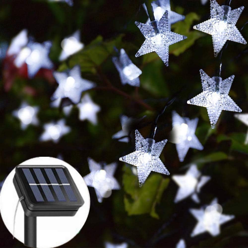 Lampki solarne – Lampki choinkowe w kształcie gwiazdek – 12 m, 100 diod LED – Idealne na imprezy i do ogrodu (białe światło)