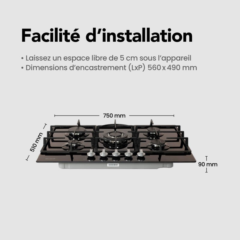 Plaque gaz 5 feux en verre noir - Brûleurs et grilles en fonte - 10 800 Watts encastrement 56x49 cm - 7