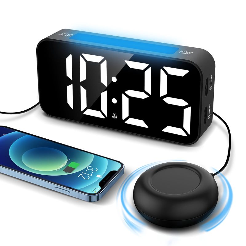 Réveil à vibrations rechargeable et puissant, horloge numérique à LED, talisman de réveil pour personnes sourdes et malentendantes