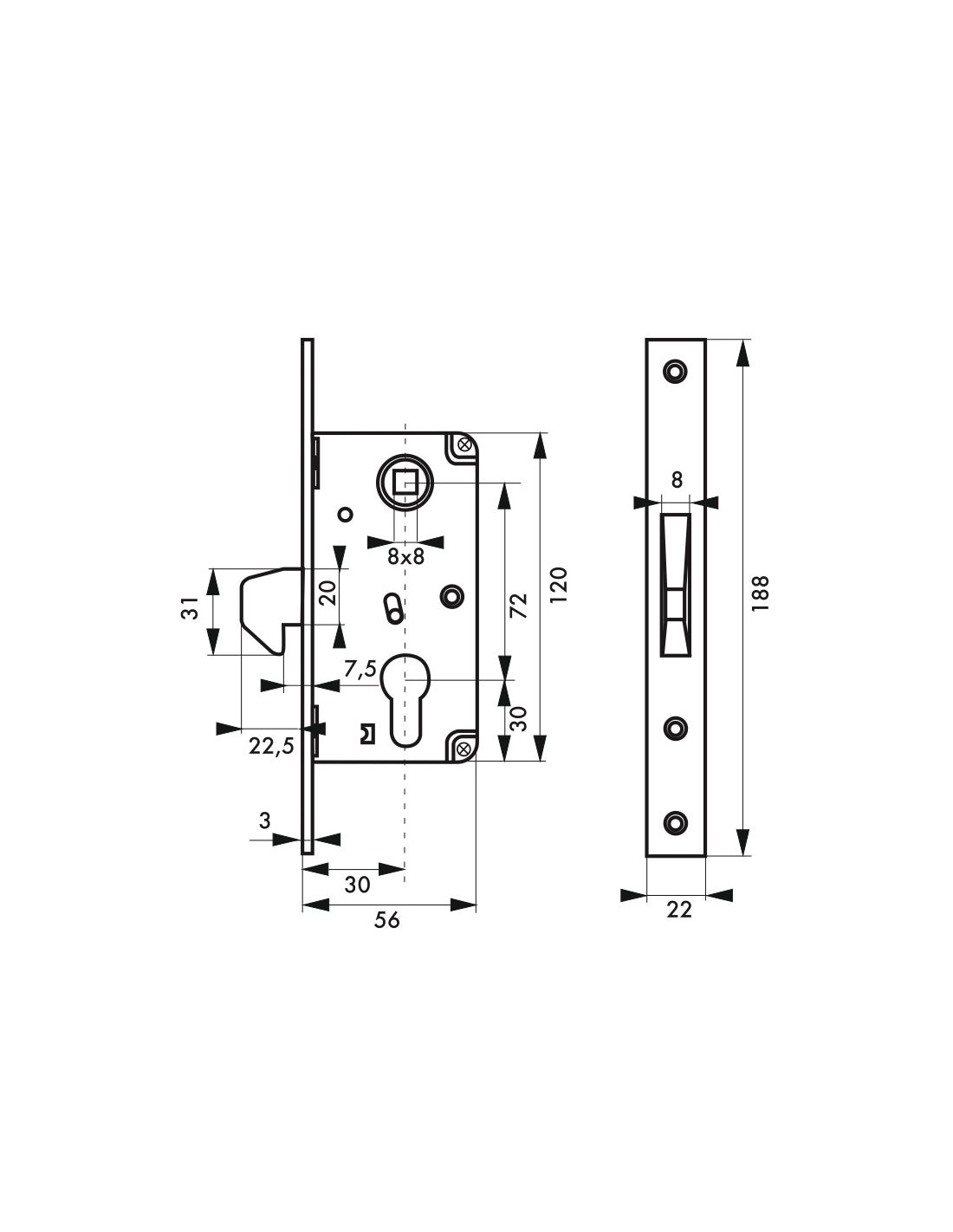 THIRARD - Boitier de serrure encastrable à cylindre pour portail, axe 30mm, bouts carrés, zingué - THIRARD - 3