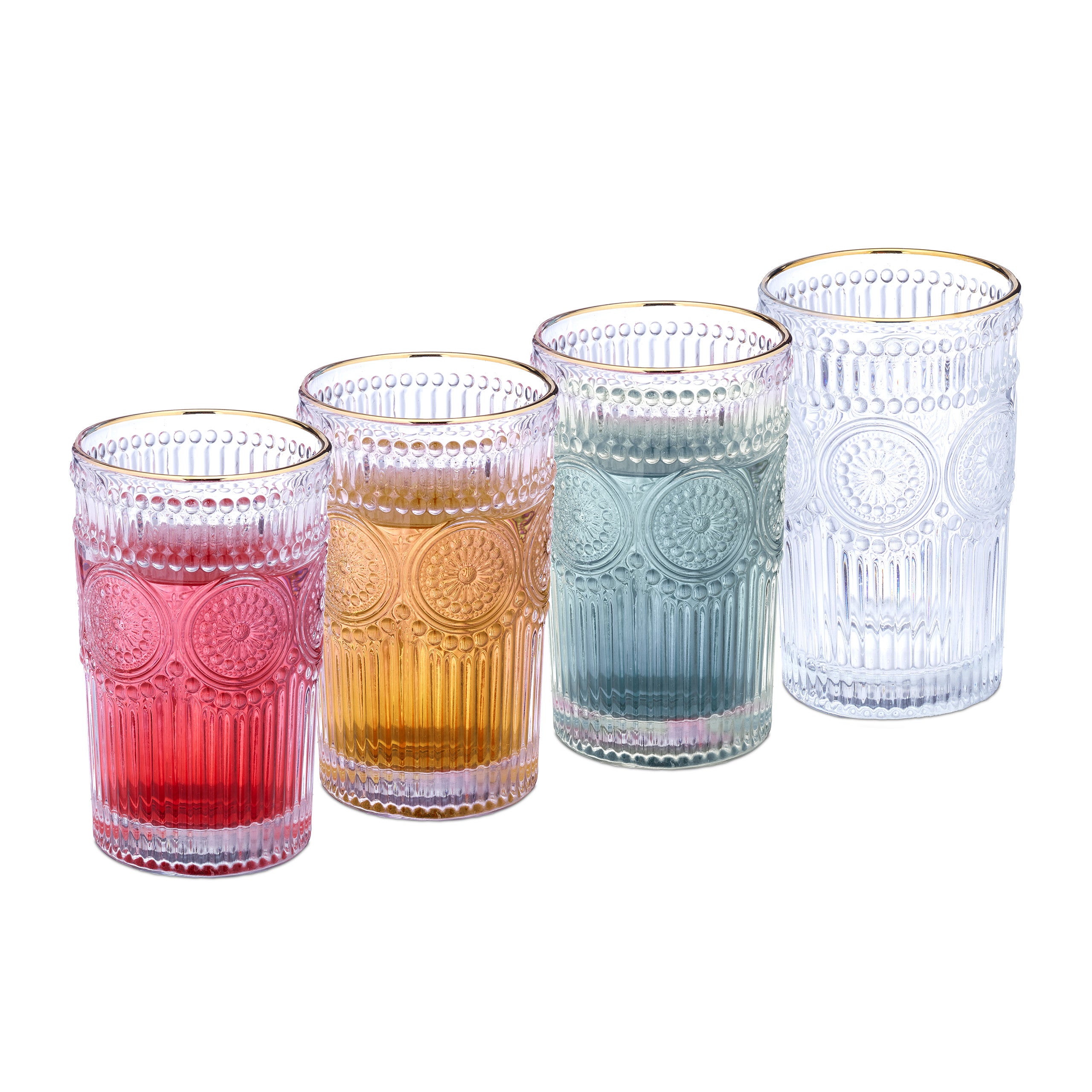 Lot De 4 Verres Relaxdays 300ml Motifs Fleurs - Style Vintage, Lavable Lave- vaisselle, Pour Jus Et