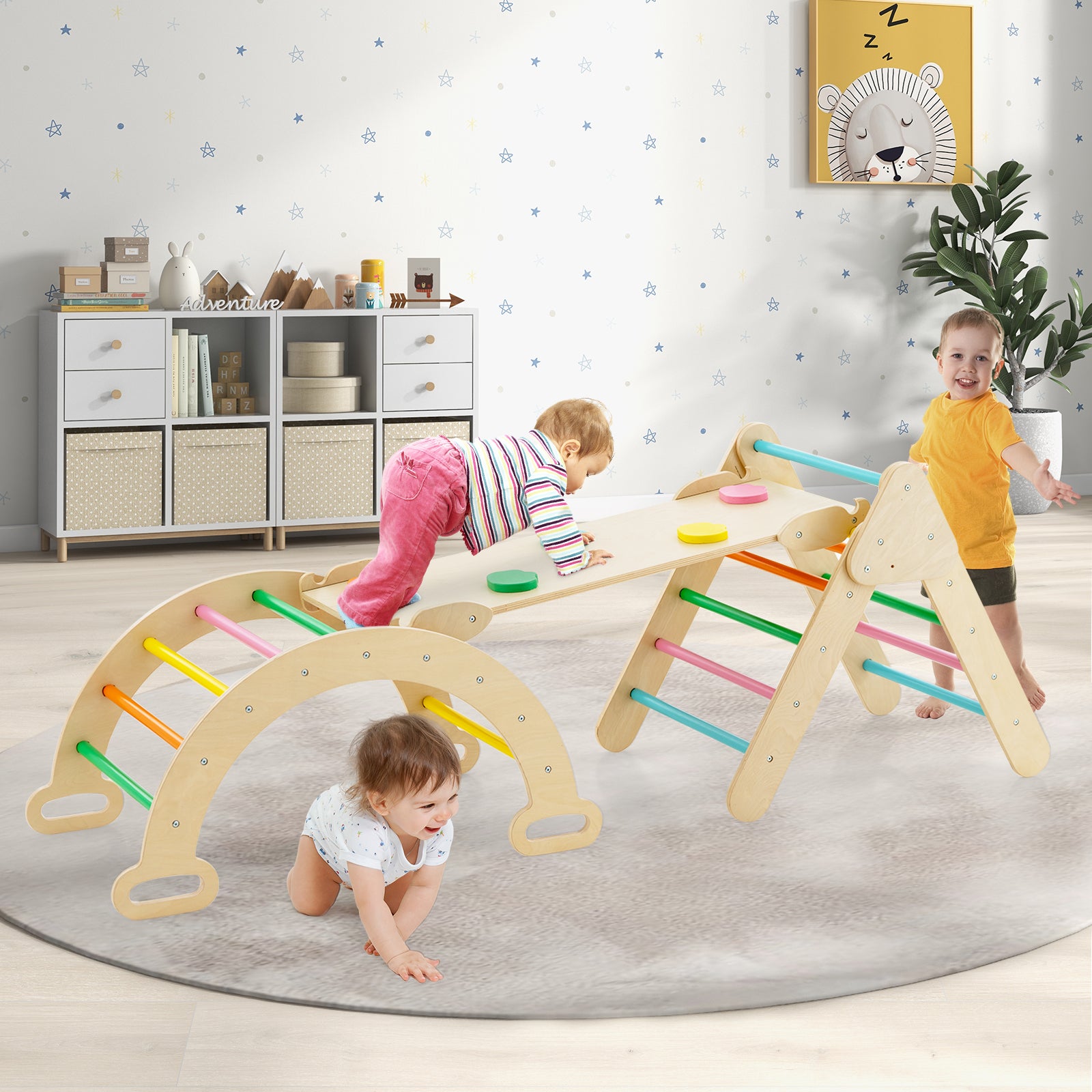 7 en 1 Triangle Arche Montessori d'escalade Enfants avec Toboggan Bois, Rampe, Échelle Réglable, Charge 50 KG, pour Tout-Petits Bébé 1 An+ - 7