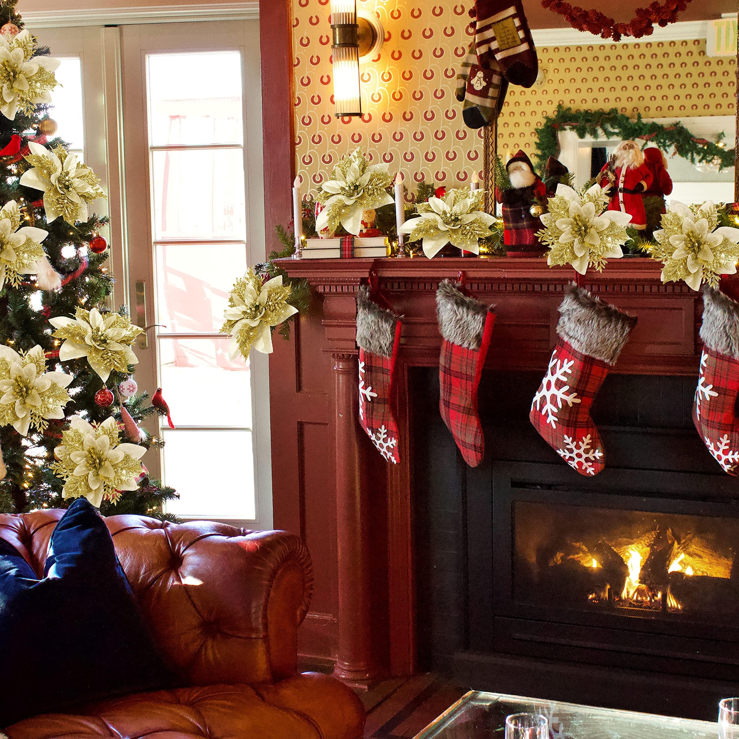 50 pièces décorations de noël, fleurs de noël artificielles avec clips, guirlande d'arbre de noël scintillante pendentifs de fleurs artificielles - 3