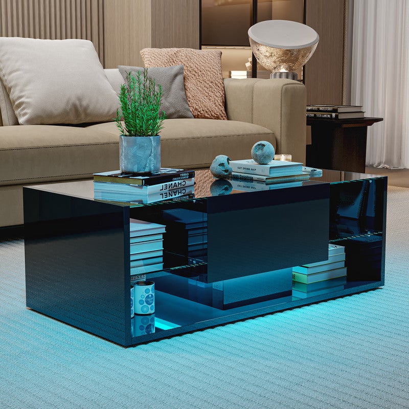 Table basse, Table basse salon LED avec espace de rangement, Table brillante avec étagère en verre, 100L x 50B x 35H cm - 6