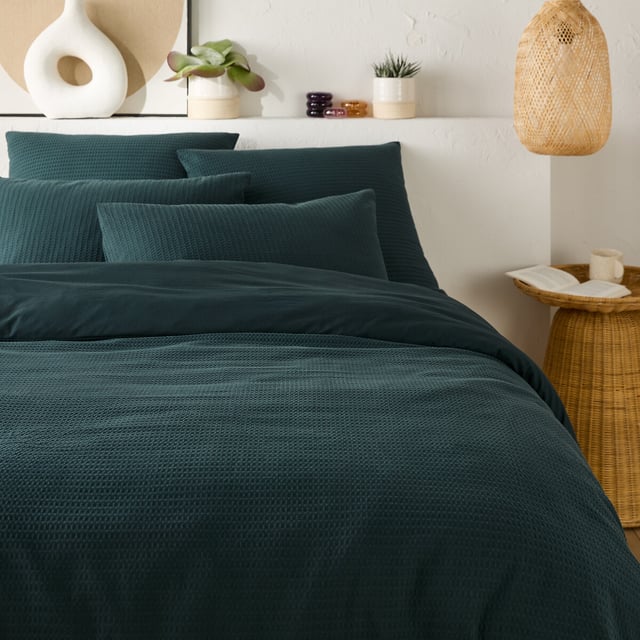 Housse de couette coton lavé nid d'abeille, Tifly - Bleu pétrole - 200 x 200 cm
