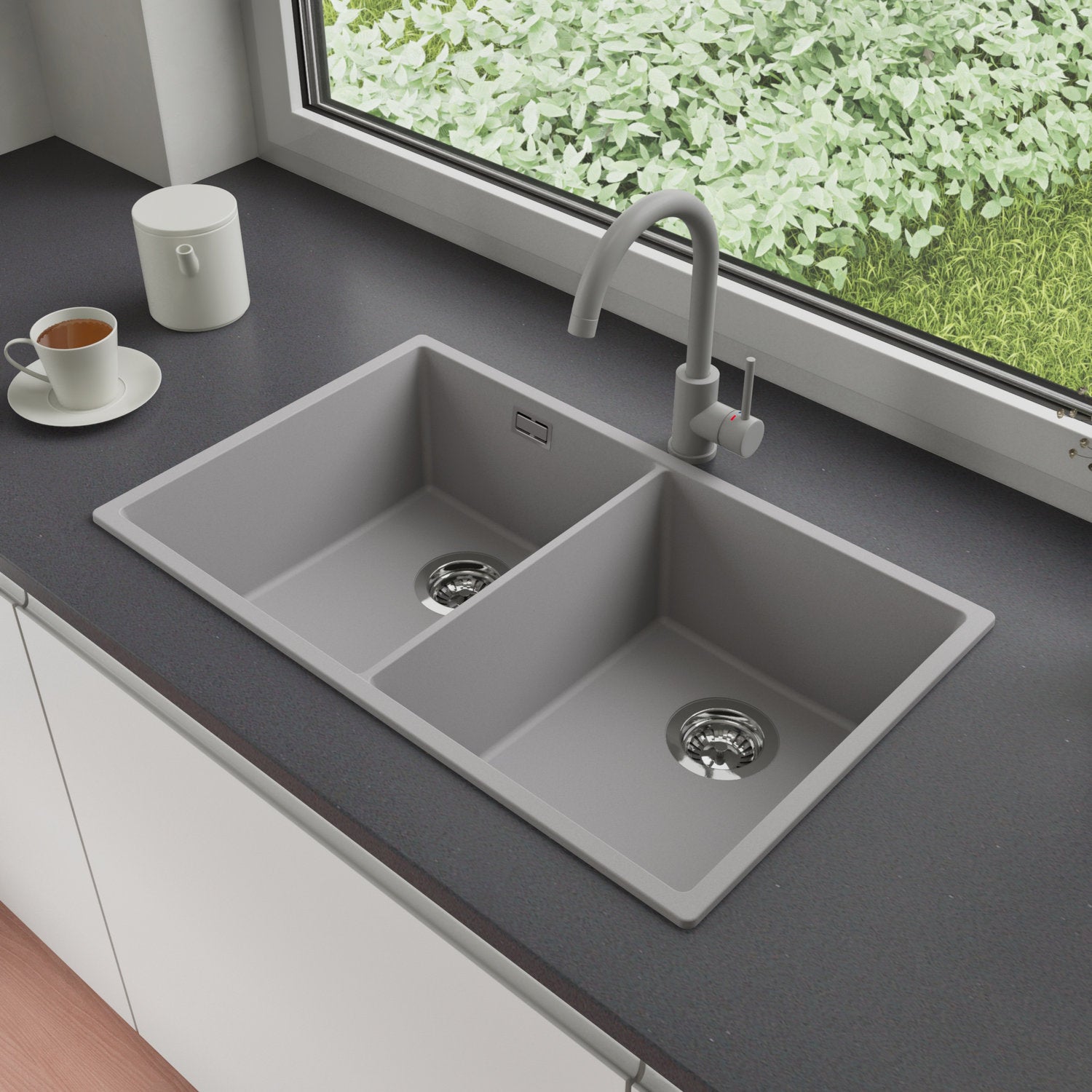 Zlewozmywak Granitowy 76x47cm, do szafki od 80cm + Bateria + Syfon - Agate Szary STONESTYLE