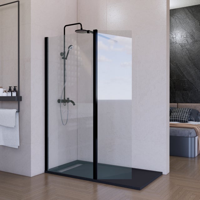 Mampara Ducha Fija + Abatible 40cm transparente Cristal templado 8mm Antical - Mampara fija Perfilería Negro Mate 80cm (Ancho) x 200cm (Alto)