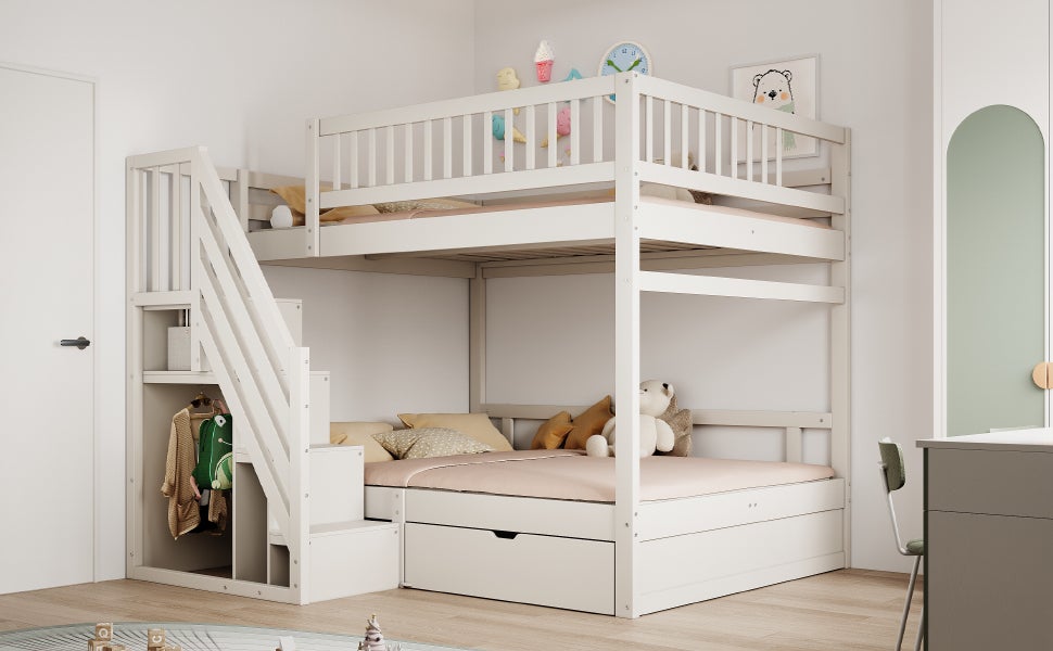 Letti a castello 2 x 140 x 200 cm con armadio aperto e 1 cassetto - Pino + compensato + MDF - Bianco (Senza materasso) - 4