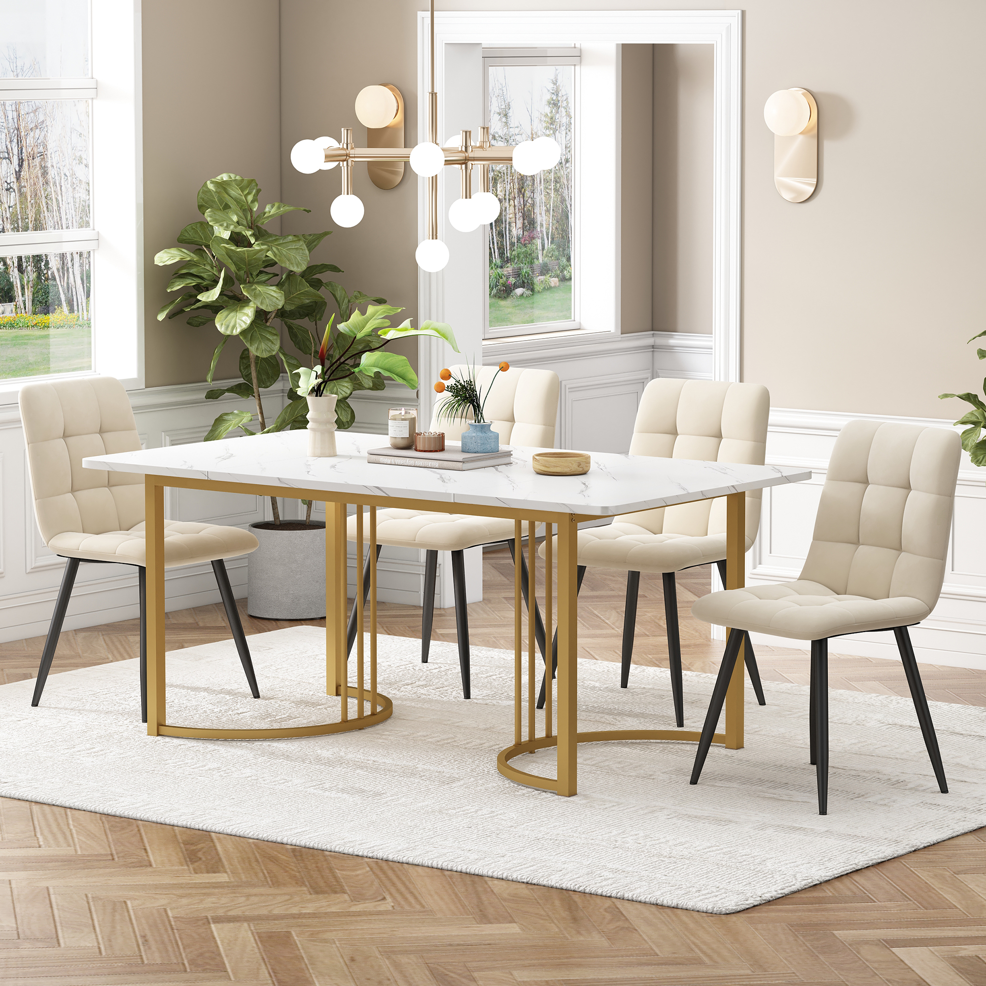 Ensemble table à manger + 4 chaises en velours -140 x 80 x 75 cm - MDF et pièds en métal doré - Blanc + beige