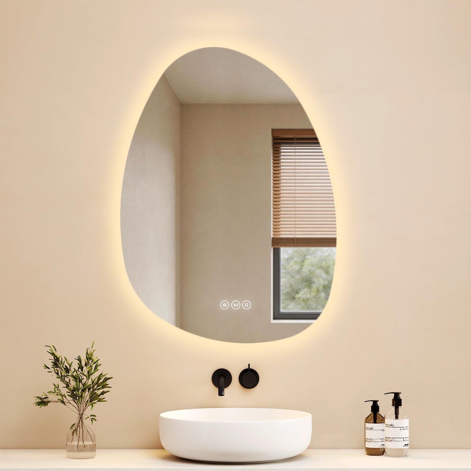 EMKE Asymetryczne Lustro łazienkowe z oświetleniem LED 75x55 cm, z 3 barwy światła, możliwość ściemniania, przeciwmgielne, funkcja pamięci, IP44