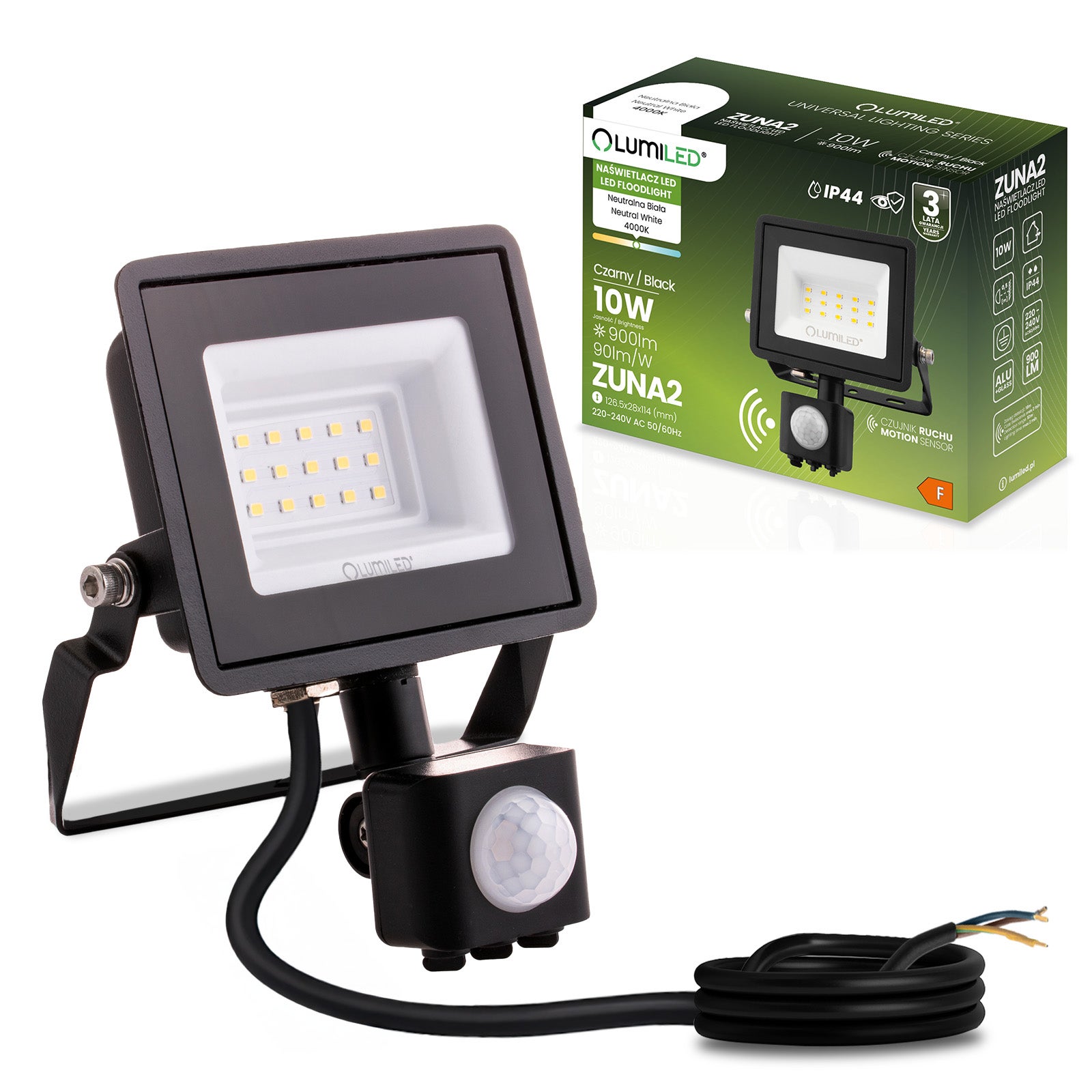 Naświetlacz LED Lumiled 10W 900lm 4000K Neutralna biel IP44 Czarny Czujnik Ruchu 1 szt.