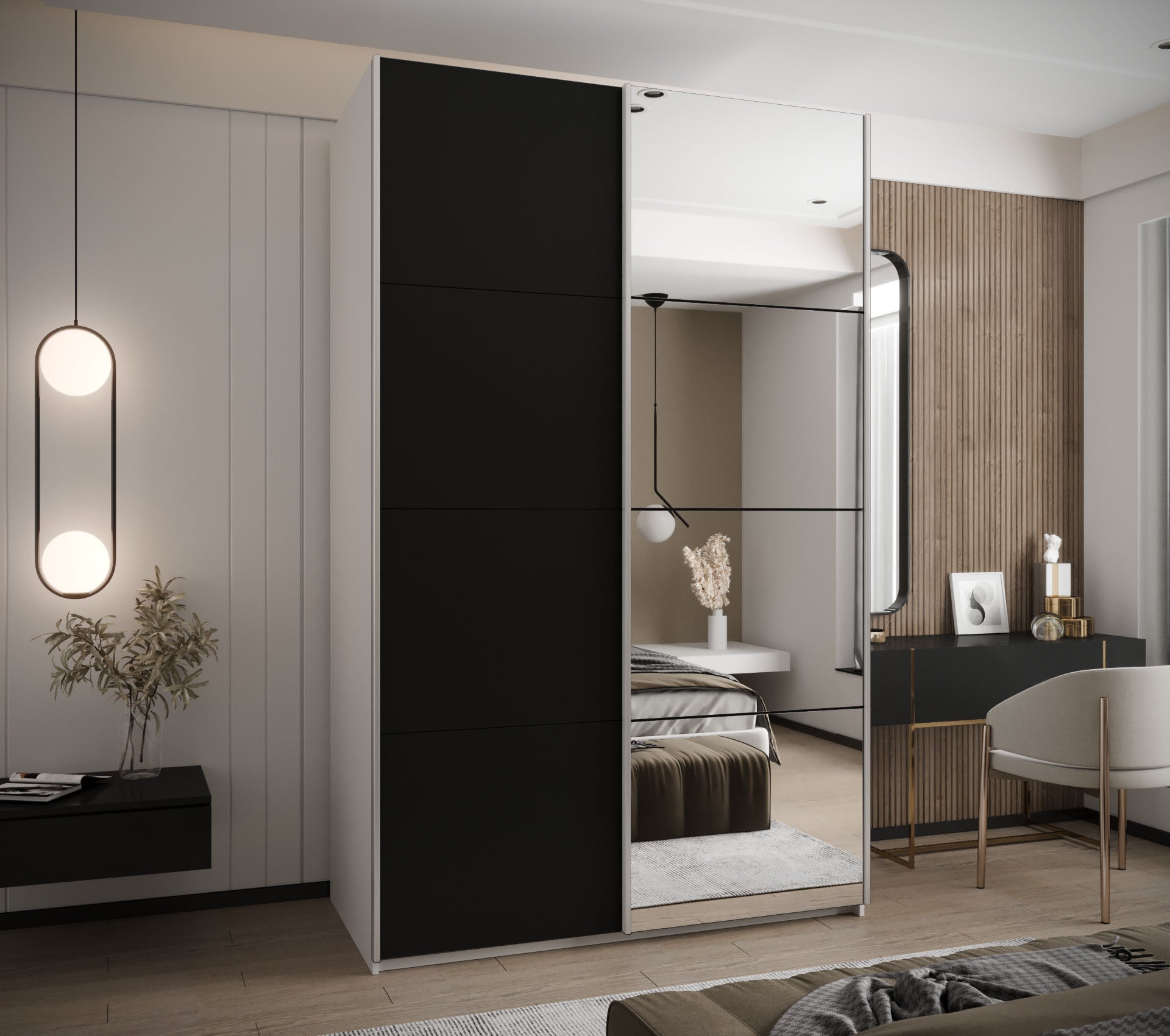 Szafa przesuwna wysoka Lux 3 160 x 64 x 245,5 cm biały + czarny + u. srebrny - Abiks Meble - 2