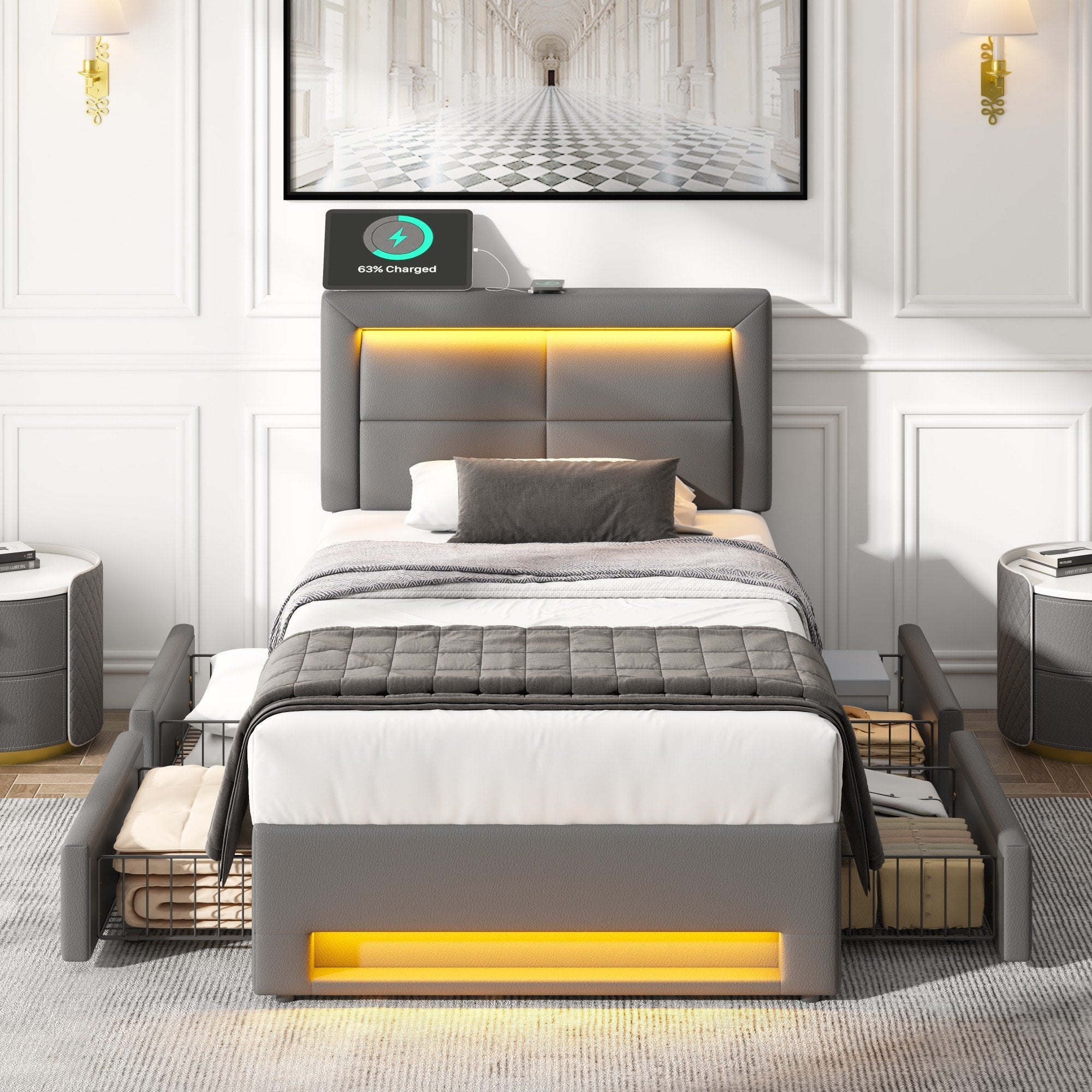 Łóżko tapicerowane 90 x 200 cm z portami USB, oświetleniem LED i czterema szufladami, kolor szary