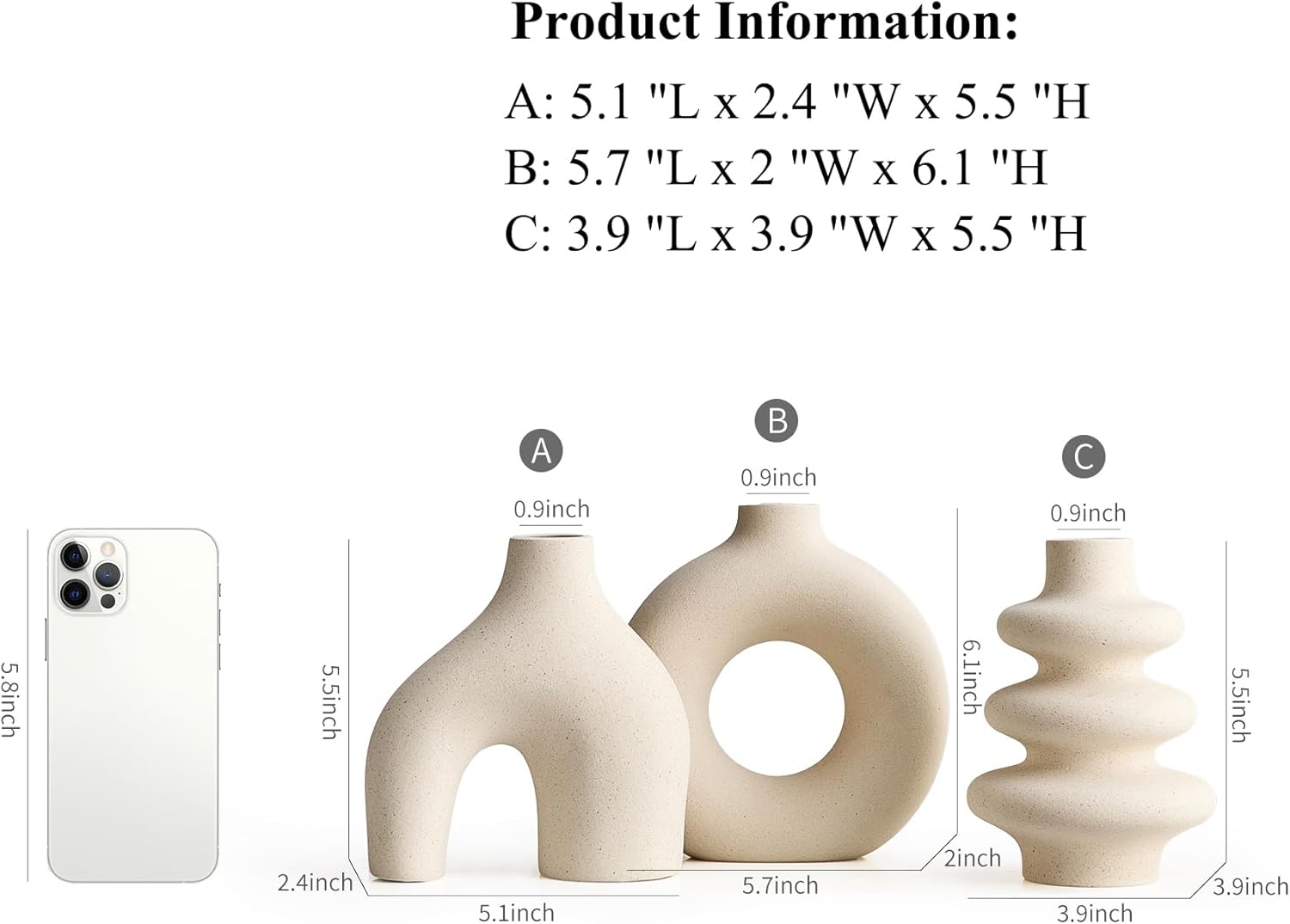 Ensemble de trois vases en céramique beige, style bohème moderne, adapté à la décoration de la maison, adapté à l'herbe de la pampa, forme ronde - 2