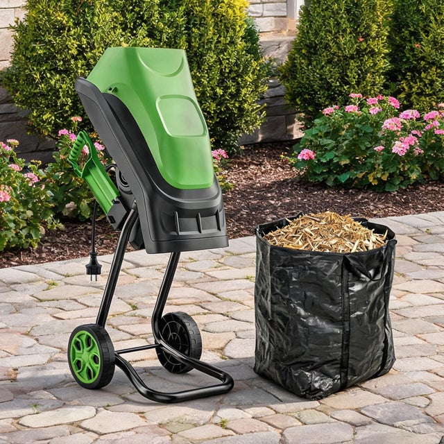 Broyeur de végétaux compact 44 x 34 x 96 cm, vert, moteur électrique 2500 W et lames acier SK5