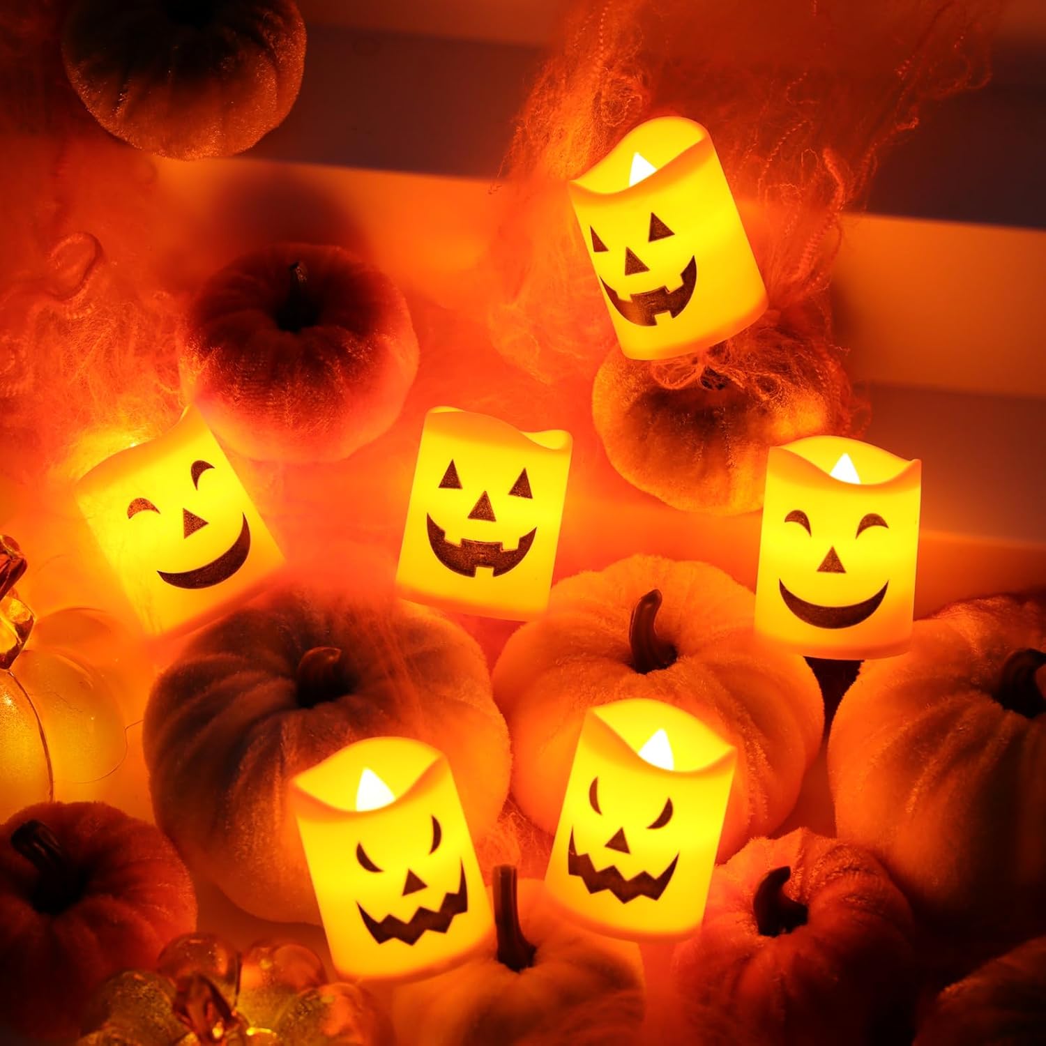 Lot de 6 Bougies LED Halloween – Bougies Citrouille Sans Flamme avec 3 Visages Différents, Fonctionnement à Piles, Décoration de Table pour Maison - 5