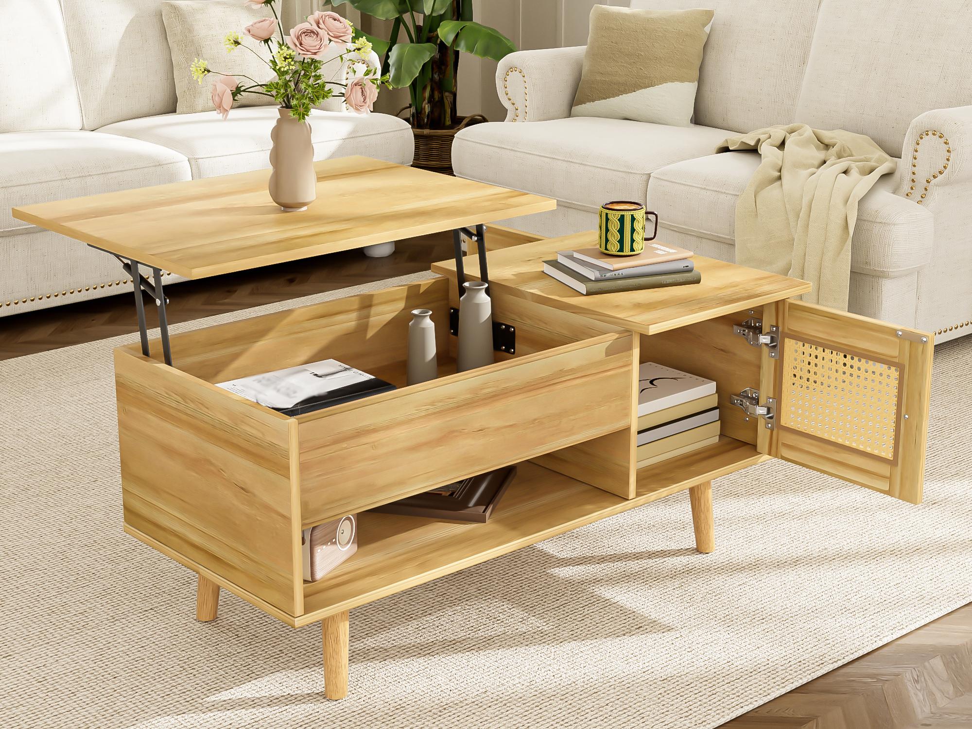 Table basse 103x50x46 cm - avec plateau relevable - avec 2 portes en rotin - naturel - 3