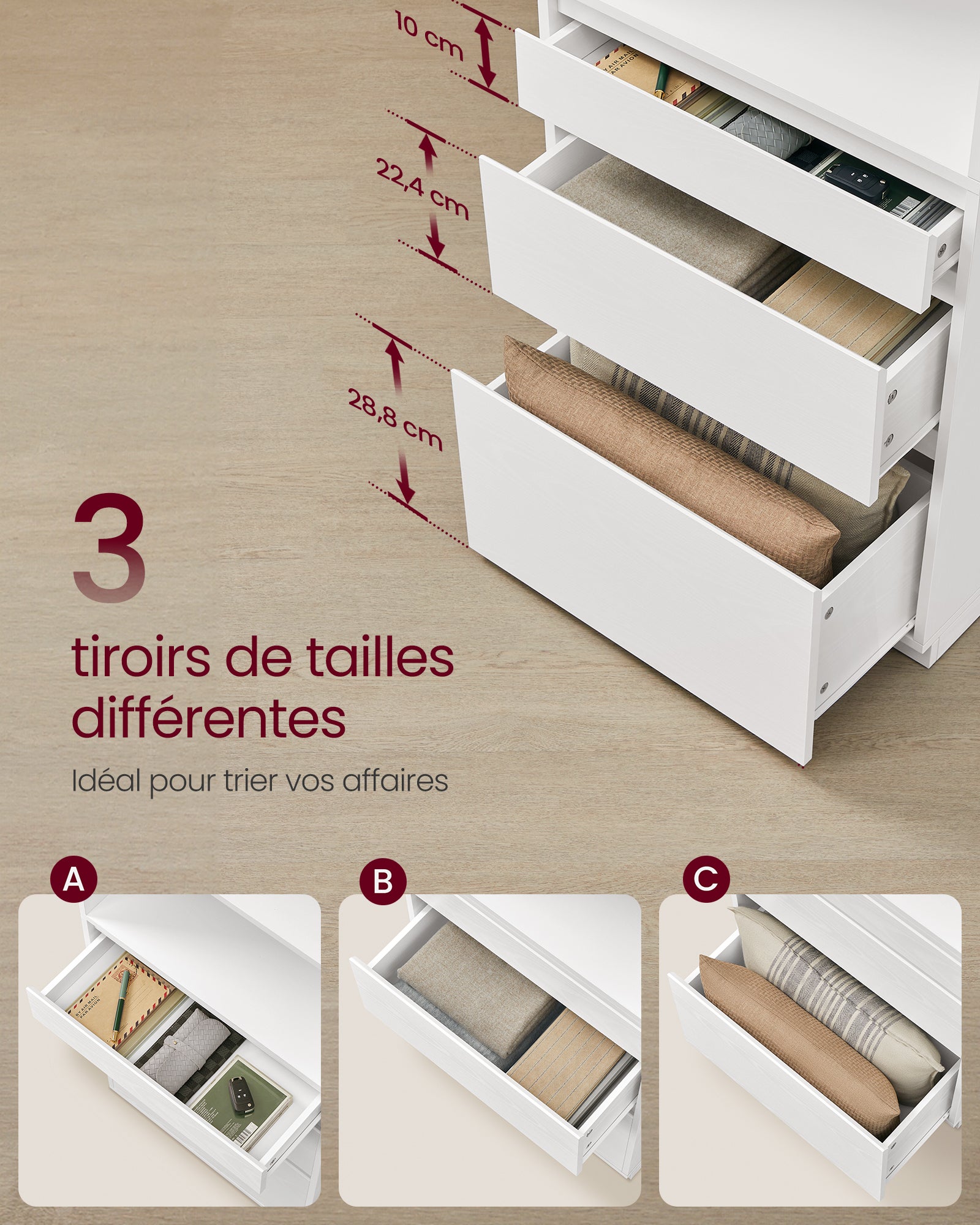 Bibliothèque, 3 Tiroirs de Tailles Différentes, Étagères Réglables, Hauteur 180 cm, pour Salon, Chambre, Bureau, Moderne, Gain de Place, Blanc Neige - 4
