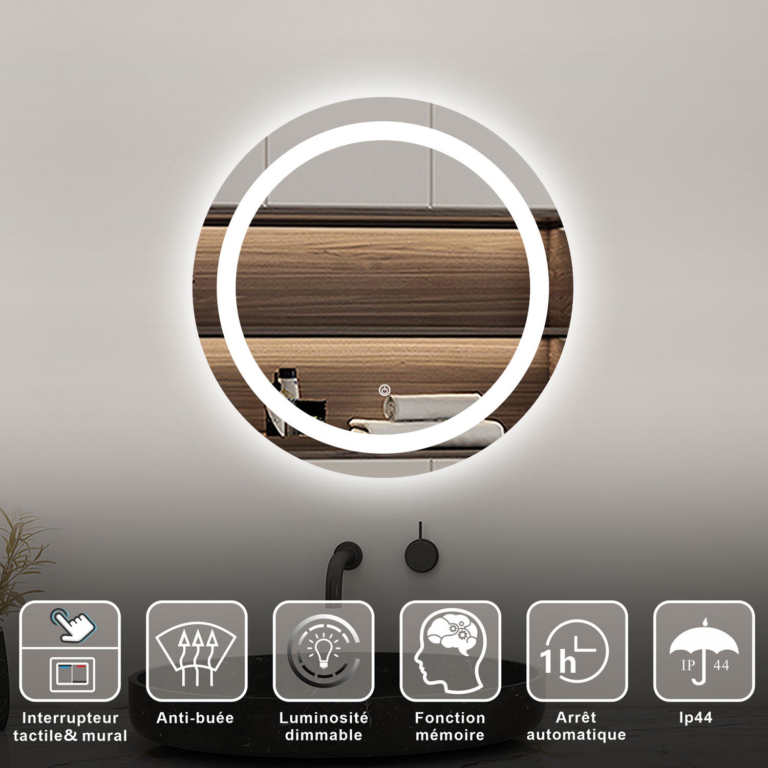 AICA Miroir lumineux rond 60cm anti-buée +dimmable + mémoire, miroir de salle de bain mural - 2