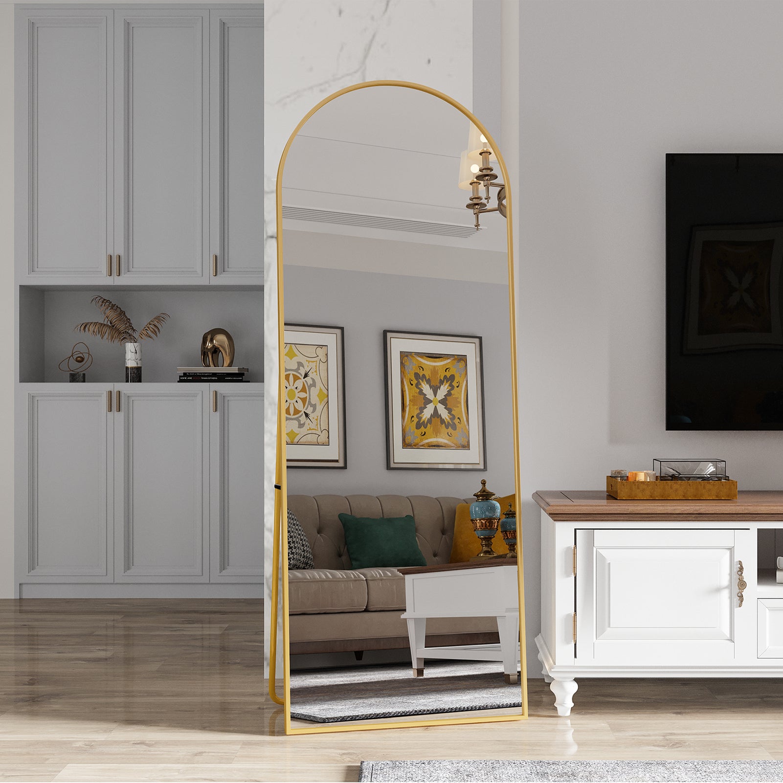 Miroir sur Pied 162x53cm, Miroir Pleine Longueur Arqué avec Cadre en Aluminium, Miroir Mural avec Support pour Chambre, Salon et Dressing, Doré - 5