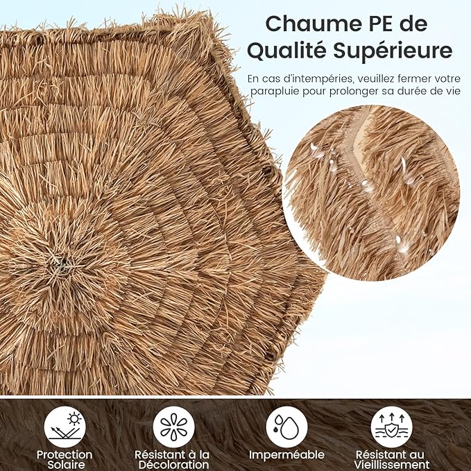 Parasol de Patio Style Hawaïe en Chaume Hula Tiki, Parasol Suspendu Déporté avec Toit Aéré, Protection Solaire, pour Piscine Jardin Terrasse Plage - 7