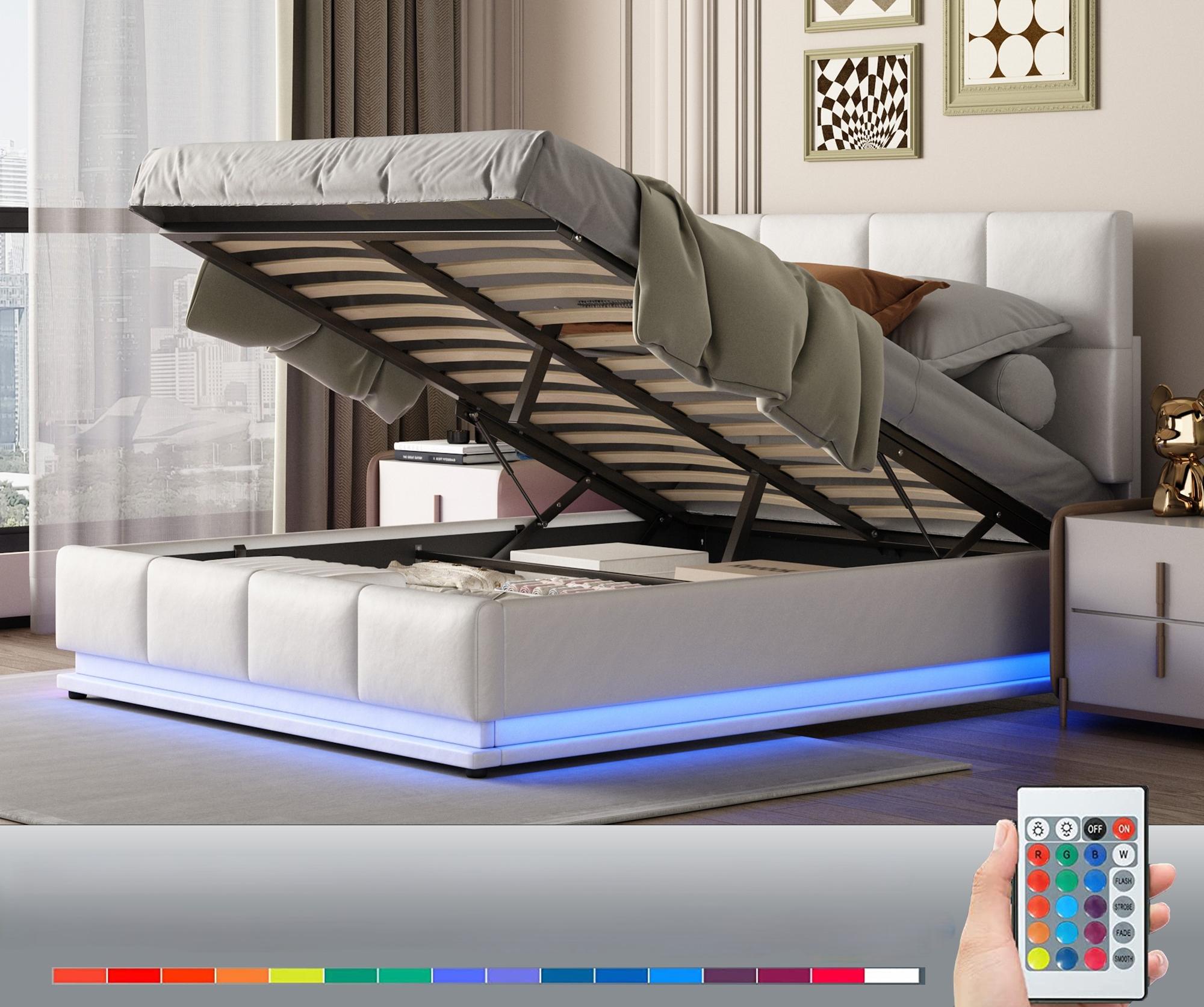 Cama contenedor tapizada 140x200 cm con iluminación LED - en símil piel - Blanco - 2