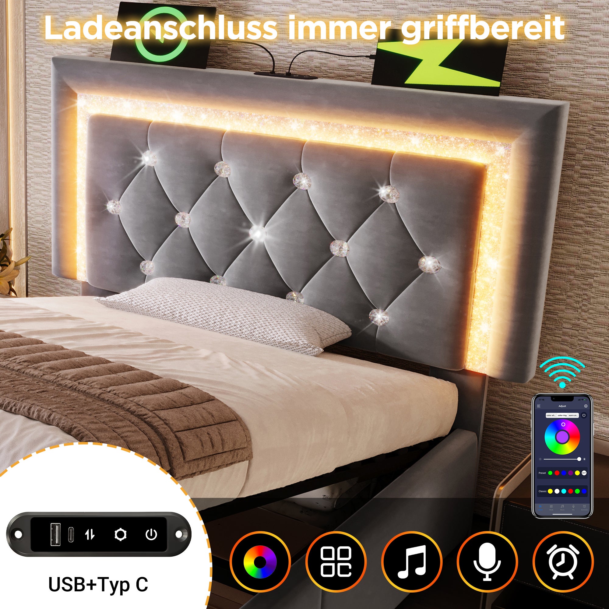 Łóżko z pojemnikiem na pościel 90 x 200 cm i zagłówkiem - Tkanina aksamitna - Diody LED - Porty USB i typu C - Szare (Materac nie jest dołączony) - 3
