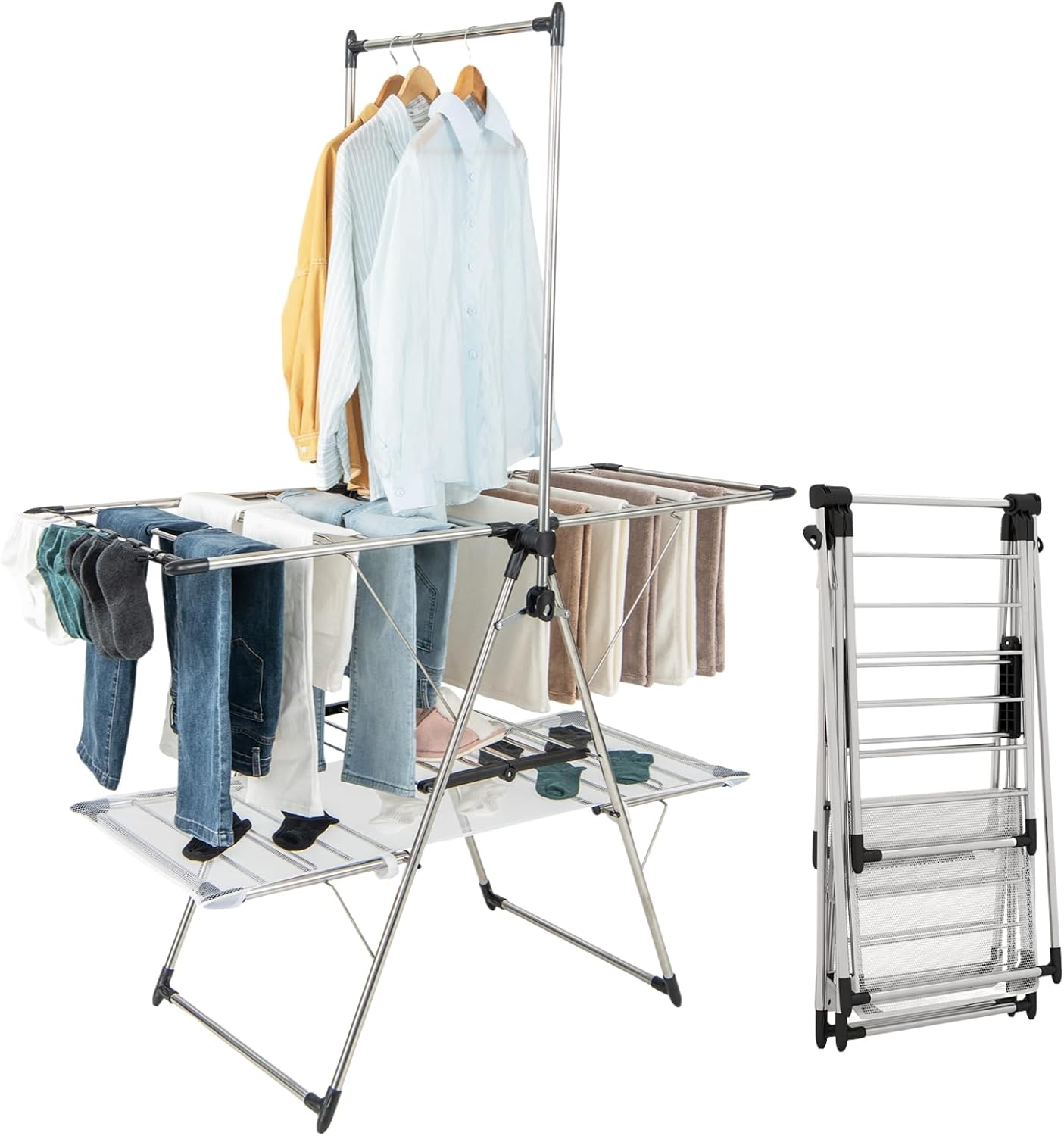 Składana Suszarka do Ubrań z 2 Poziomami, Wysokim Drążkiem do Wieszania, Stabilna Stalowa Rama, Regulowane Skrzydła 70-140 cm