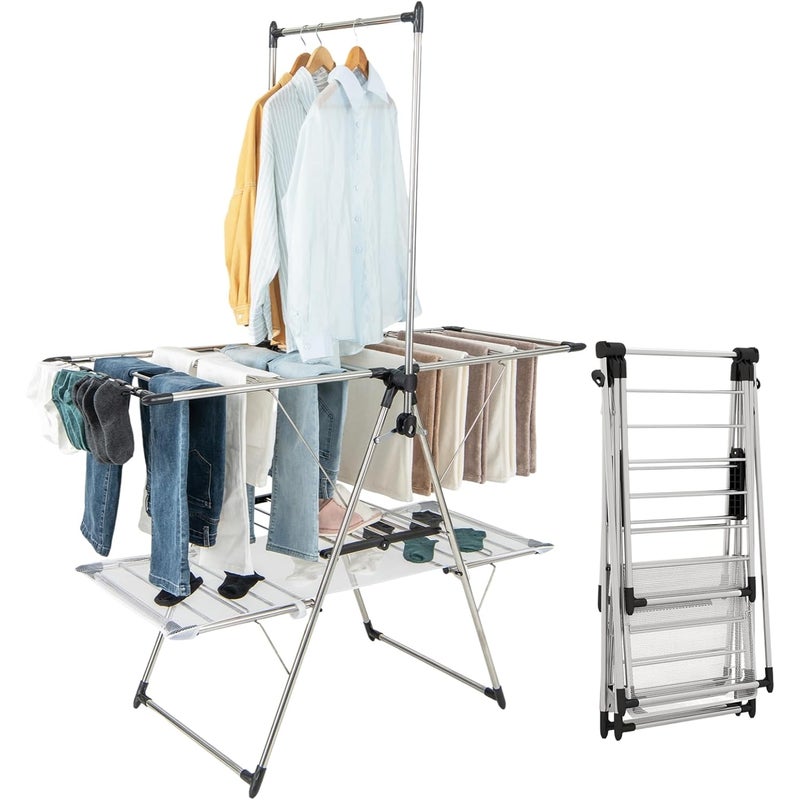 Składana Suszarka do Ubrań z 2 Poziomami, Wysokim Drążkiem do Wieszania, Stabilna Stalowa Rama, Regulowane Skrzydła 70-140 cm