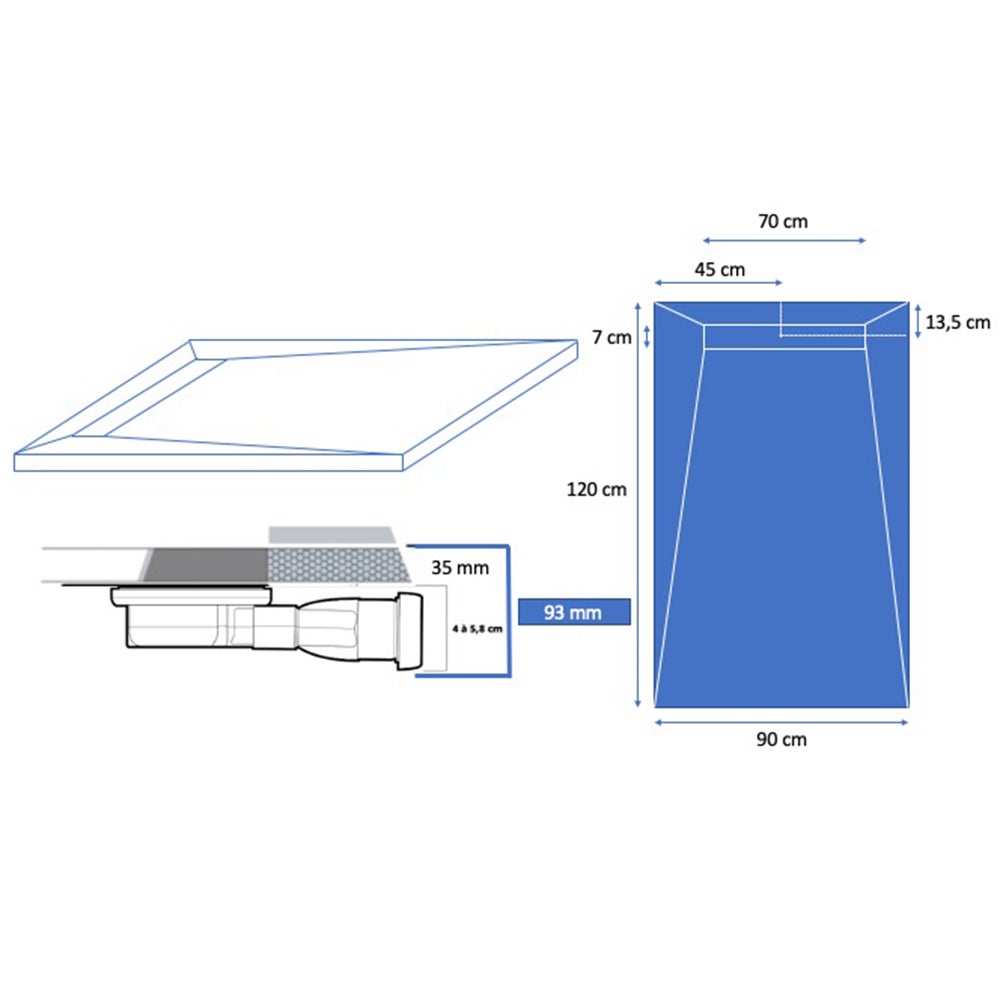 Receveur de douche caniveau en pierre naturelle 120 x 90 cm - graphite noir + natte étanche + siphon ultra plat - 4