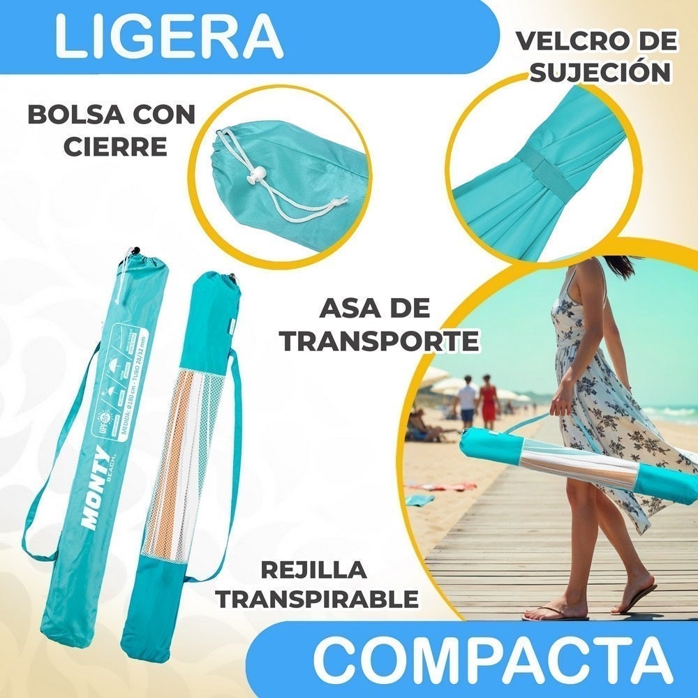 Sombrilla playa 180 cm y soporte arena, protección UV+50, Rayas multicolor MONTY - 7