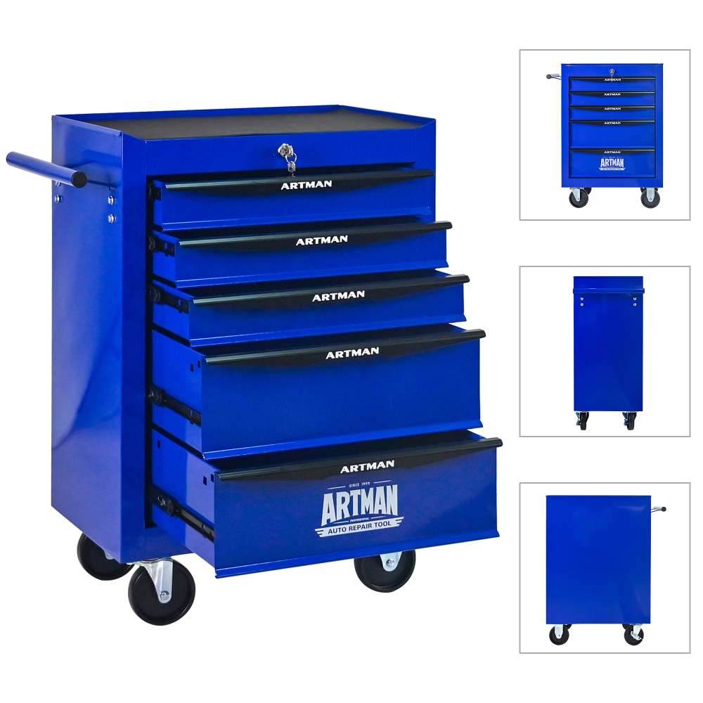 Caisse à outils roulante 5 tiroirs, glissières à billes, coffre en acier, organiseur, noir et bleu. - 5