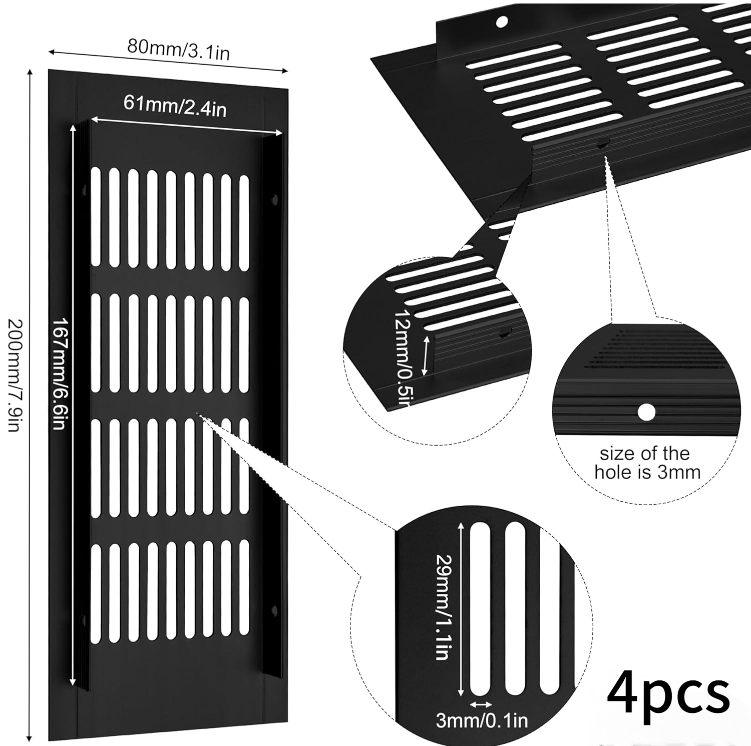 Kratka wentylacyjna, Kratka wentylacyjna aluminiowa do wentylacji szaf i pomieszczeń, 20x8cm, czarna, 4 sztuki - 4