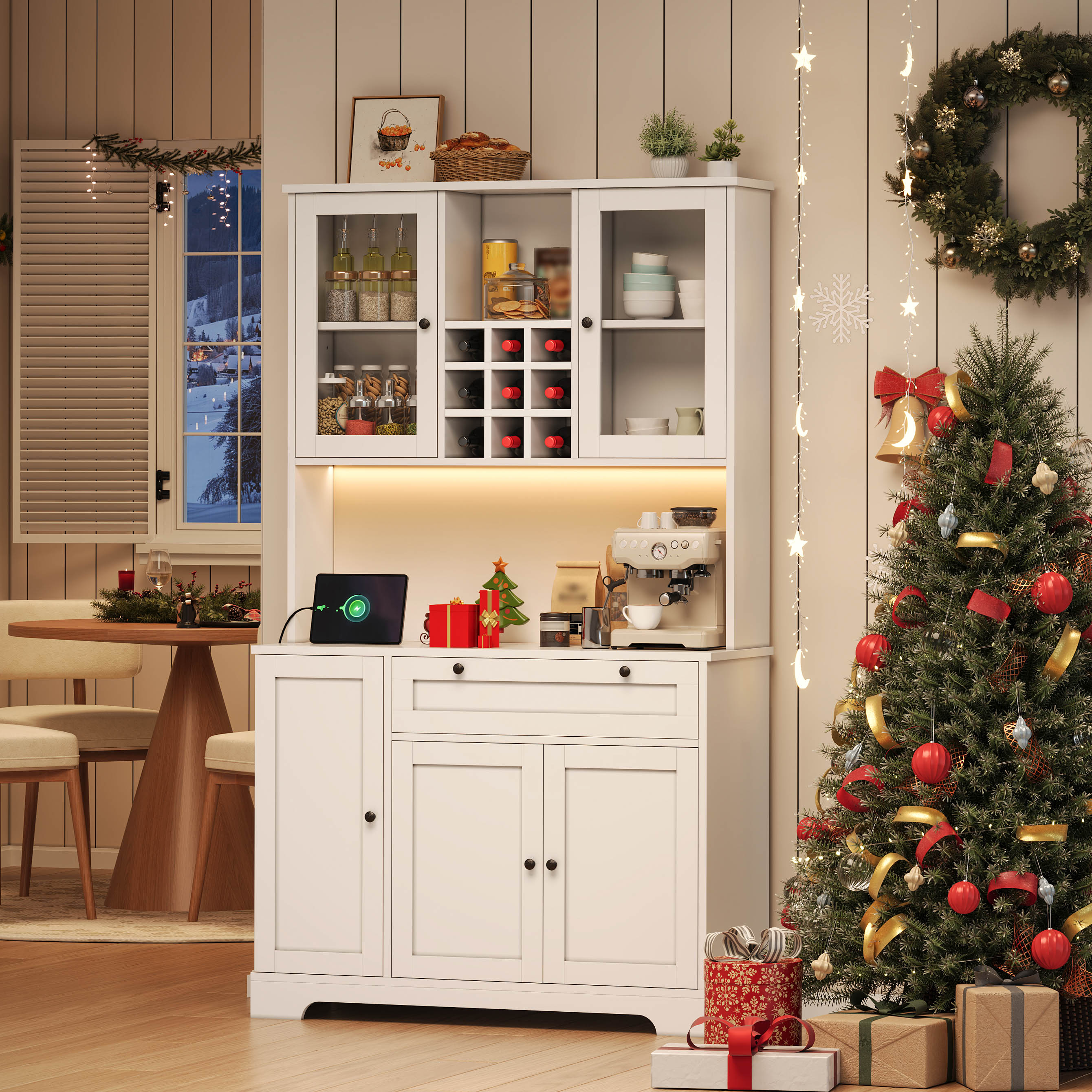 Kredens kuchenny z 5 drzwiami, 1 szufladą i regałem na wino - 105 x 40 x 180 cm - MDF - Diody LED i porty ładowania - Regulowane półki - Biały