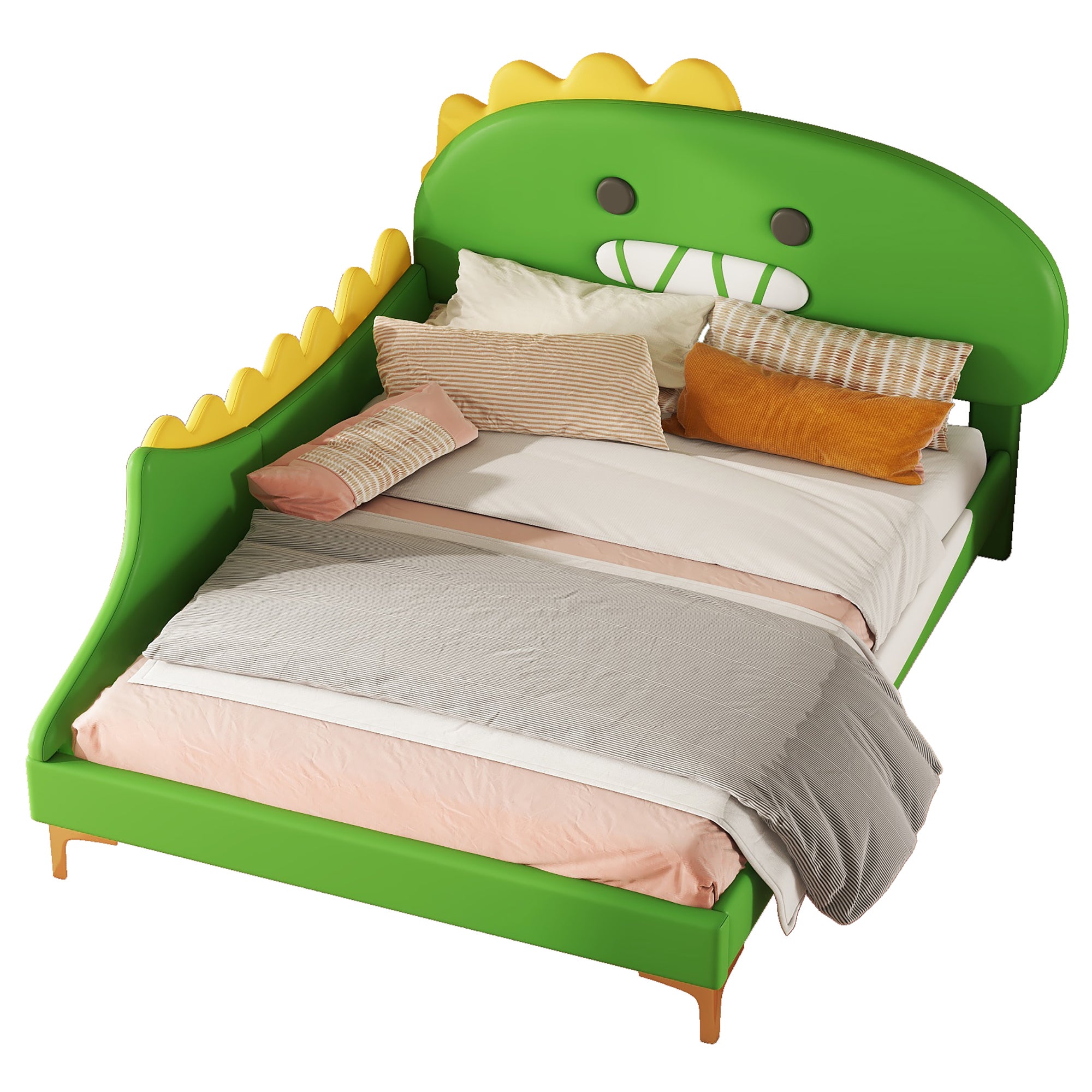 Zielone płaskie łóżko 140 * 200 cm dla dzieci, kształt dinozaura z kreskówek, materiał pu