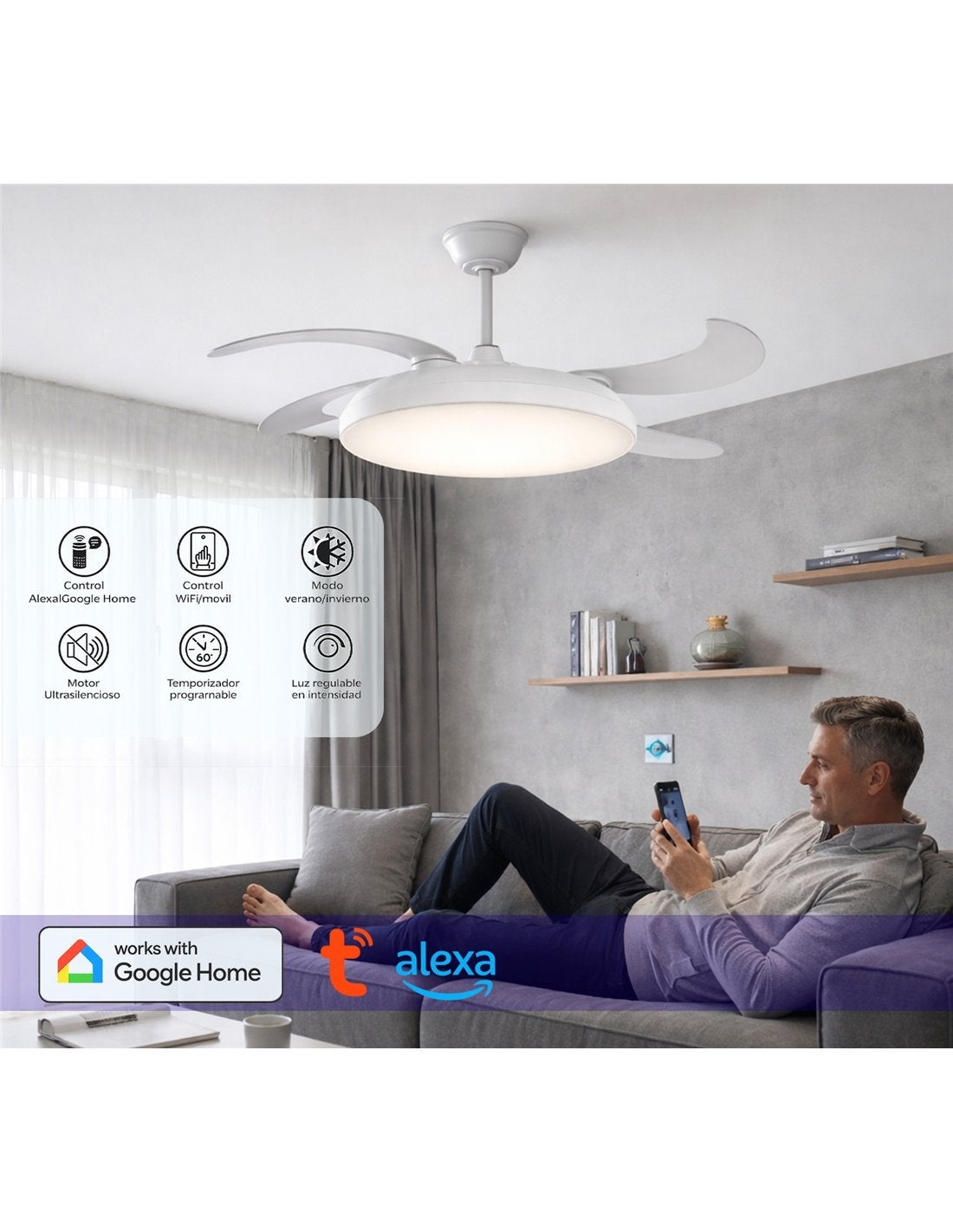Ventilador de techo Zahara blanco con aspas retráctiles, motor DC, luz LED regulable, WiFi Alexa/Google Home y mando - 3