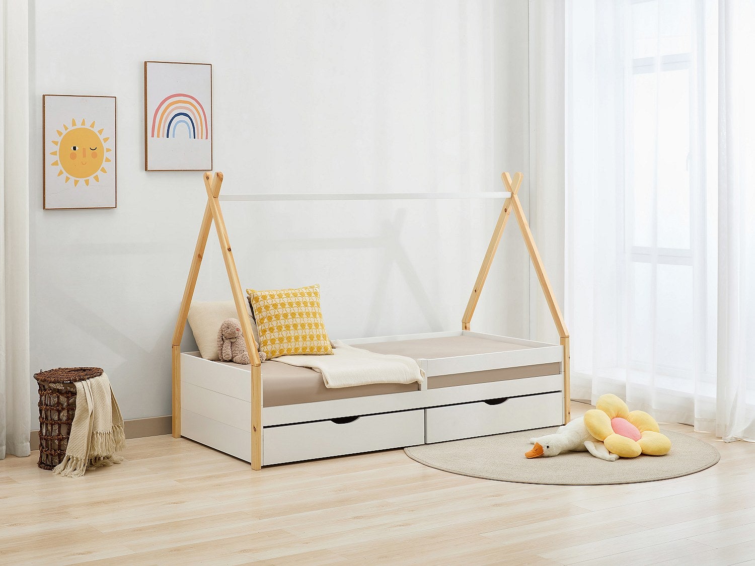 Łóżko tipi 90 x 190 cm z szufladami - Drewno sosnowe i MDF - Biały i naturalny + Materac - LUANCO