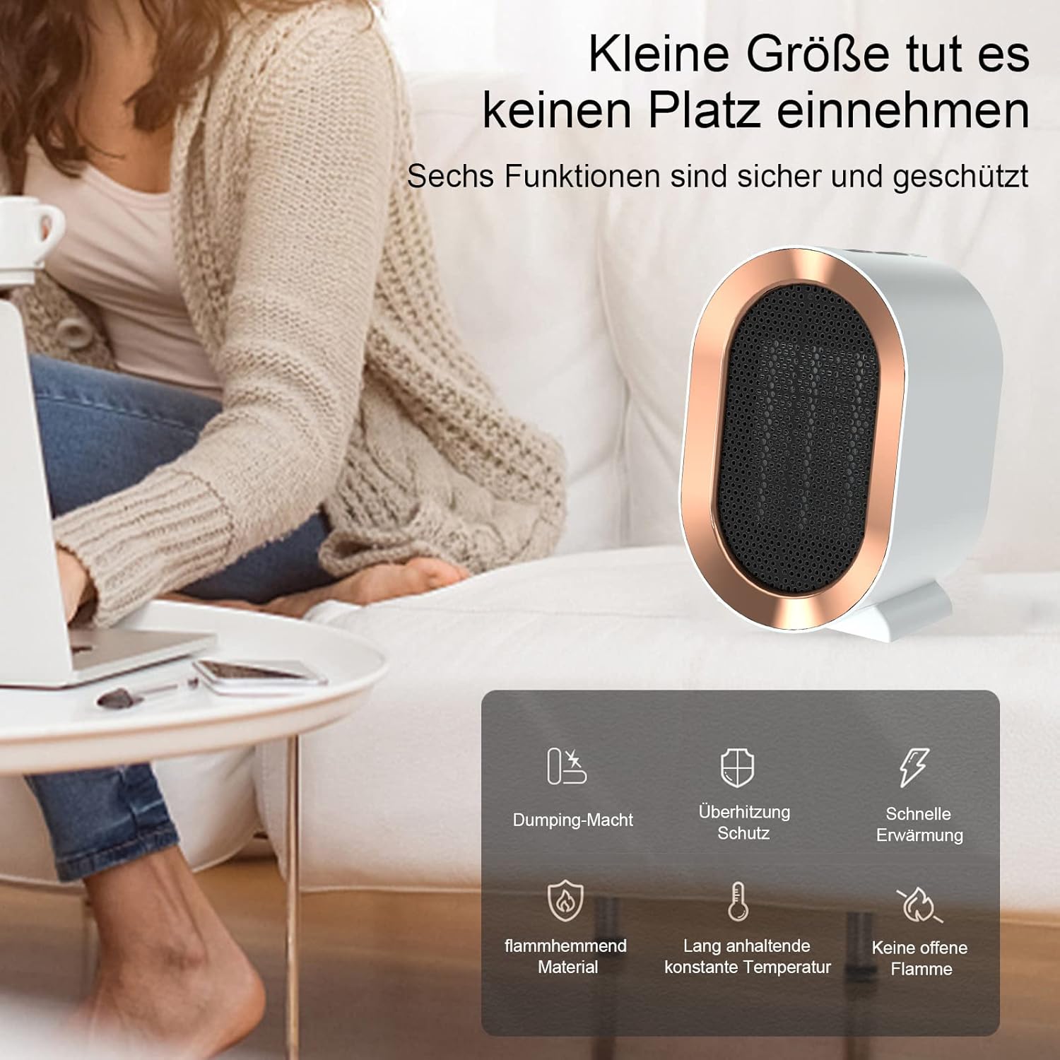 Calentador de ventilador, de bajo consumo, calefactor de cerámica de 1200 W, para dormitorio, baño, sala de estar, protección contra sobrecalentamient - 4