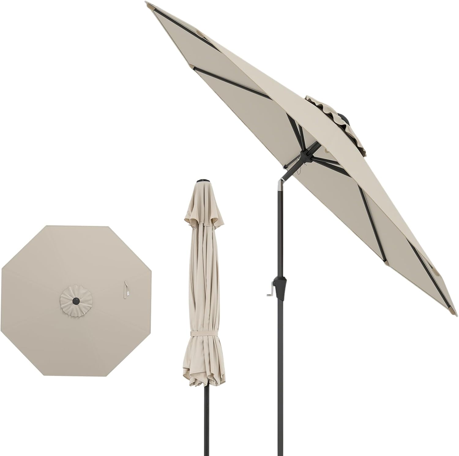 Parasol Ogrodowy, 2,7 m Parasol z Możliwością Pochylenia pod Kątem 35° z 8 Żebrami, Korbką, Osłoną Przeciwsłoneczną, bez Podstawy, Beżowy