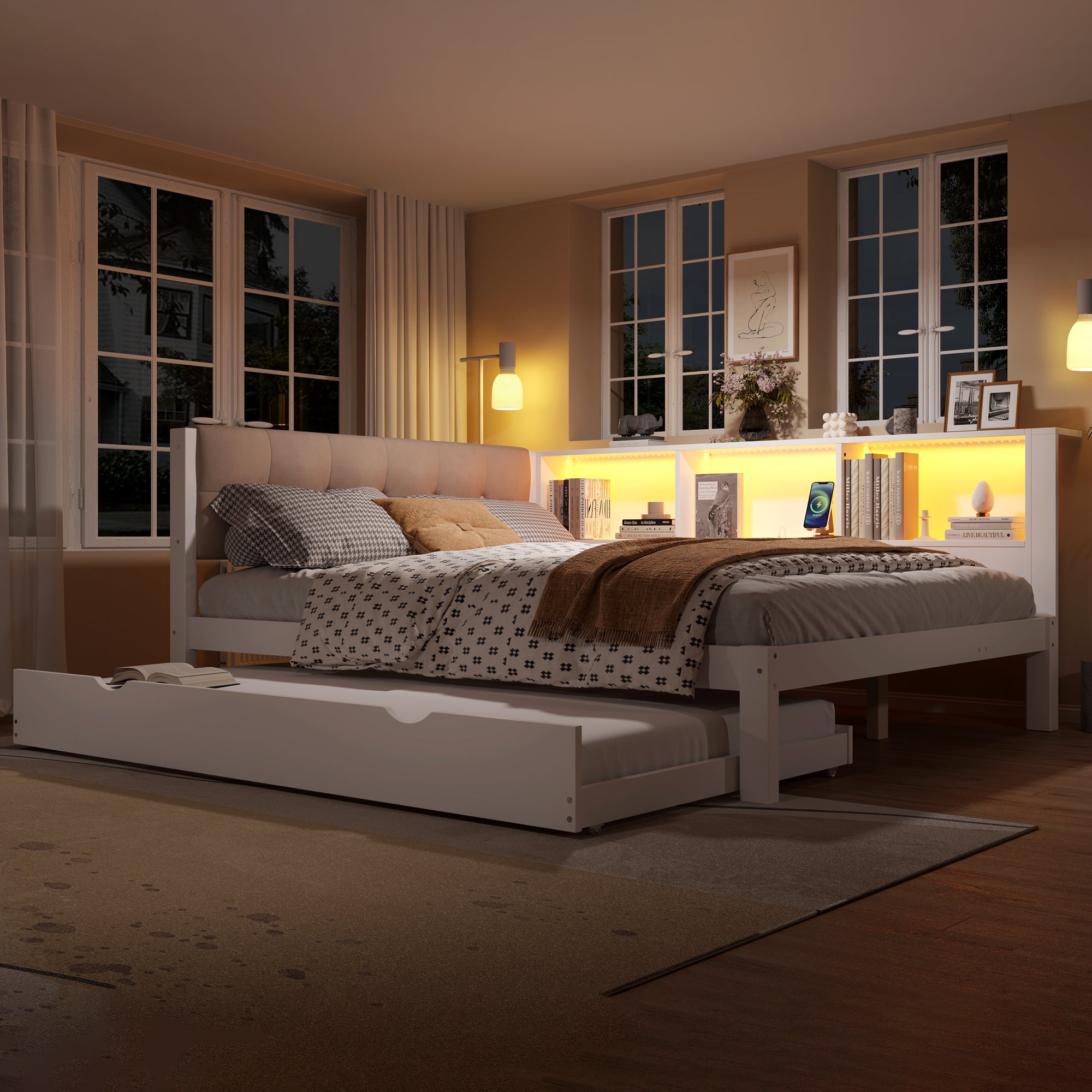 Łóżko wysuwane 140 x 200 cm + 90 x 190 cm z zagłówkiem i półką - Sosna + MDF + płyta wiórowa + len - Diody LED i gniazda USB - Białe (bez materaca)