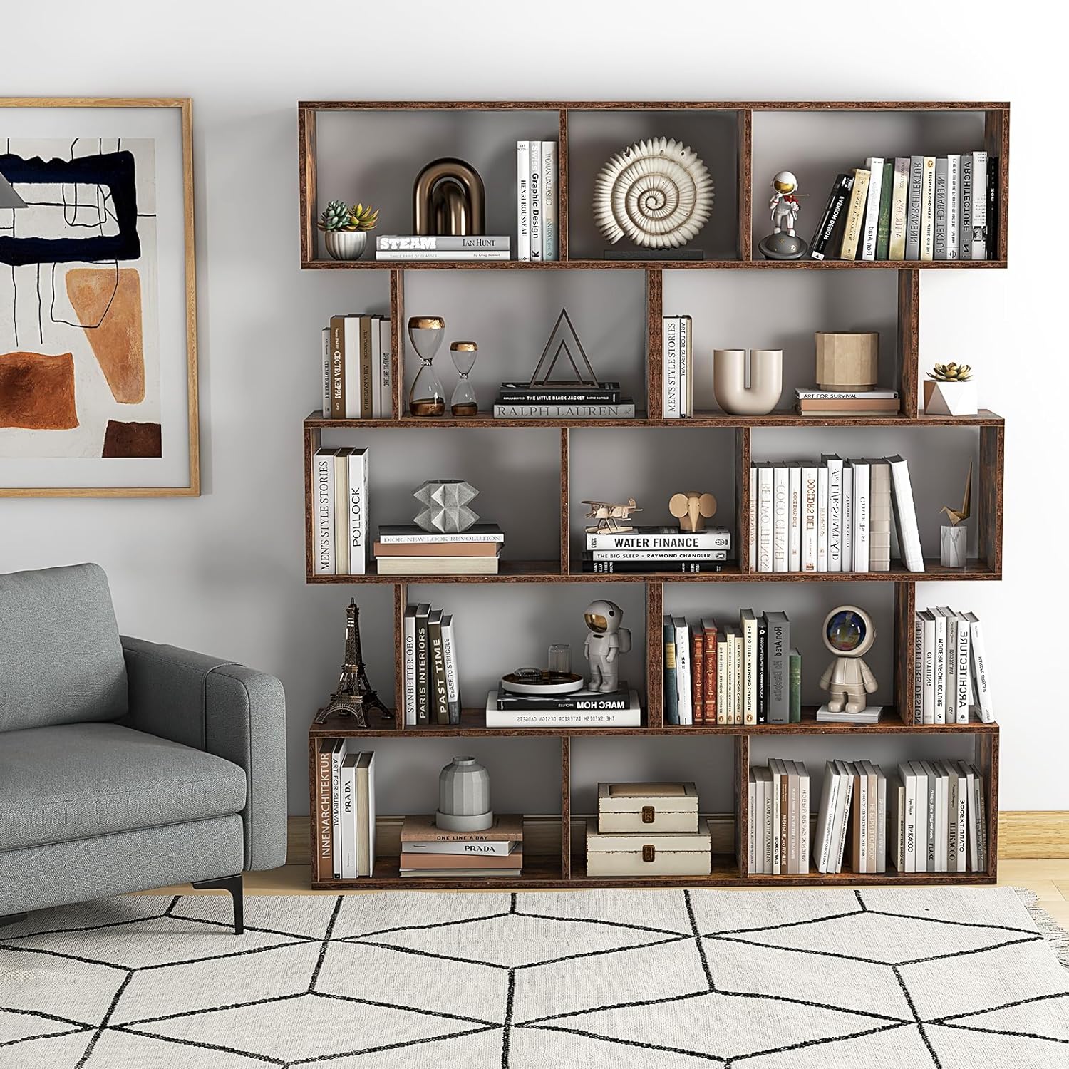 Estantería, estante de almacenamiento en forma de S, estilo industrial, mueble de almacenamiento de madera versátil para salón y oficina (5 estantes, - 9