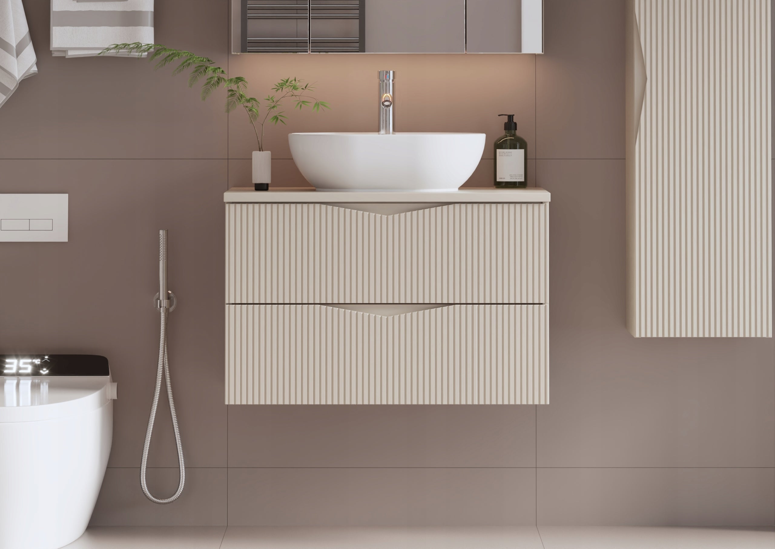 Szafka łazienkowa CLEO 80 cm beżowa wisząca ryflowane fronty MDF bez blatu - 9