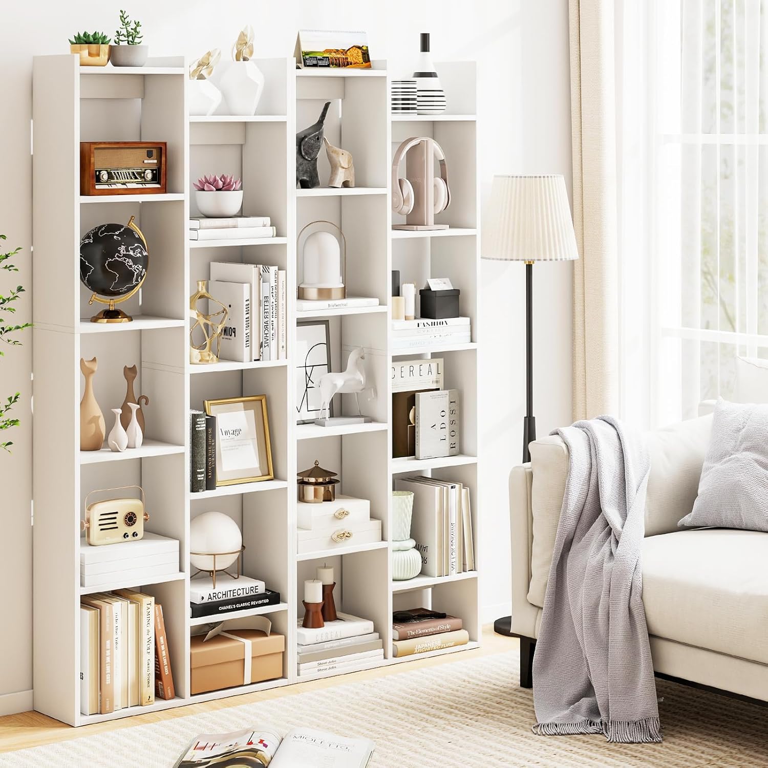 Librerías 160 cm con 12 Cubos, Estanteria Blanca Gran Capacidad con Kit Antivuelco, Estantería de Exhibición de Madera, Mueble Organizador, pa - 6