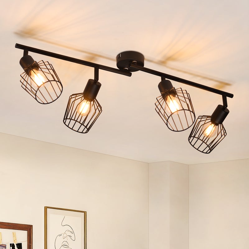 NETTLIFE 4 E14 Reflektor sufitowy - Metalowy, Obrotowy 350°, Kinkiet przemysłowy do korytarza i salonu, Czarny