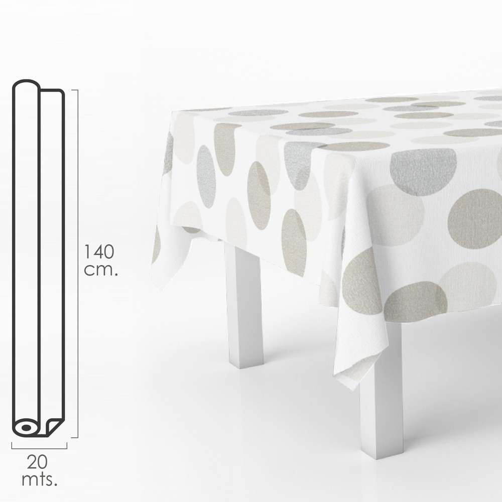 Mantel hule rectangular circulos beis. impermeable antimanchas pvc 140 cm. x 20 metros. rollo recortable. interior y exterior